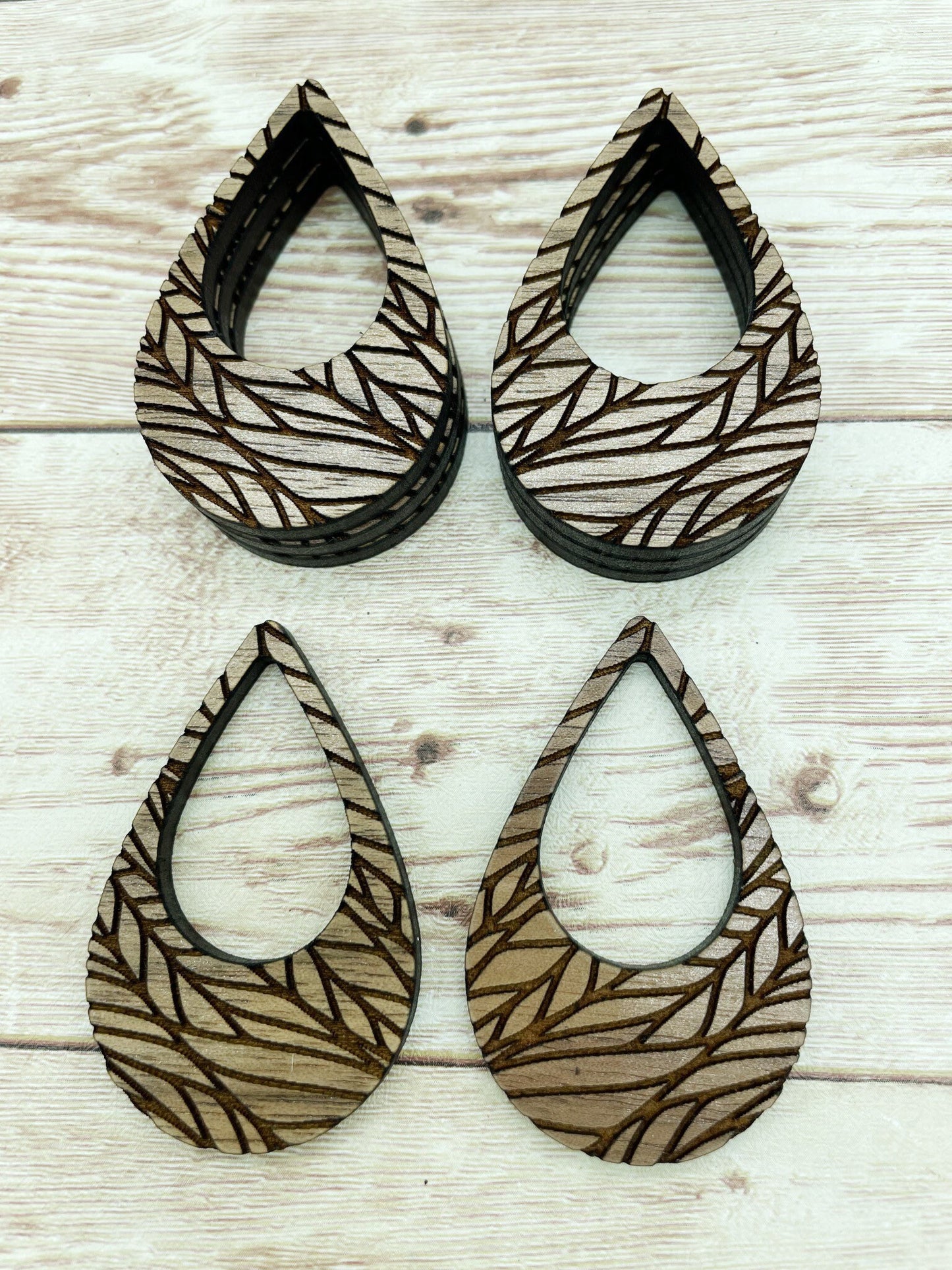 Wood Teardrop Engraved Leaf Earring Blanks, Finished Walnut Blank, DIY Jewelry Making