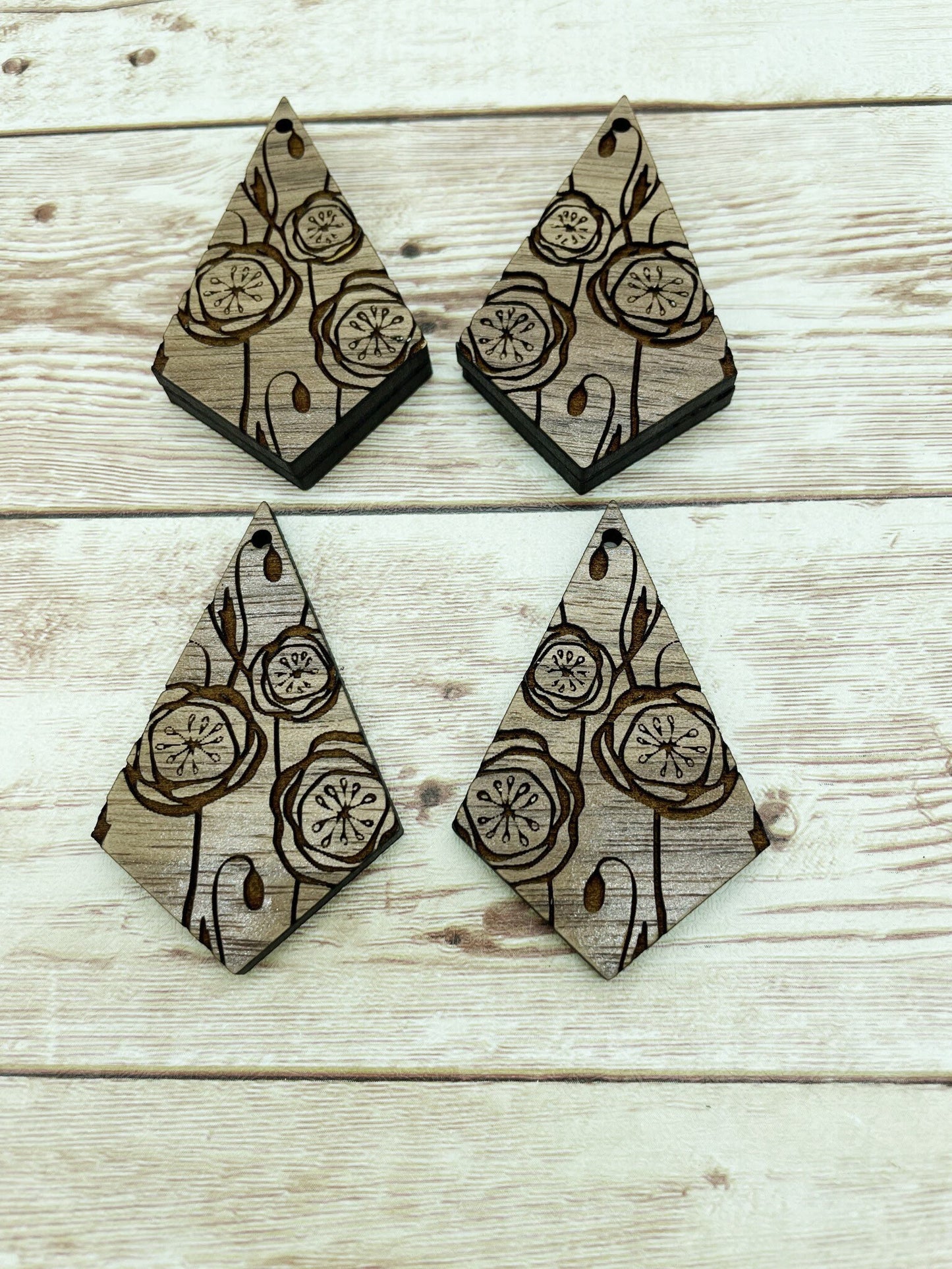 Wood Diamond Engraved Flower Earring Blanks, Finished Walnut Blank, DIY Jewelry Making