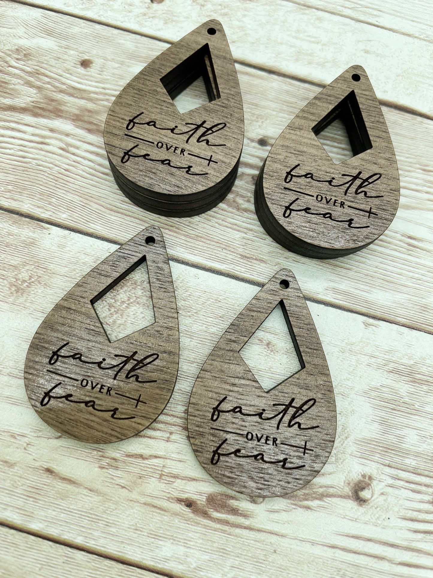 Wood Teardrop Engraved Faith Over Fear Earring Blanks, Finished Walnut Blank, DIY Jewelry Making