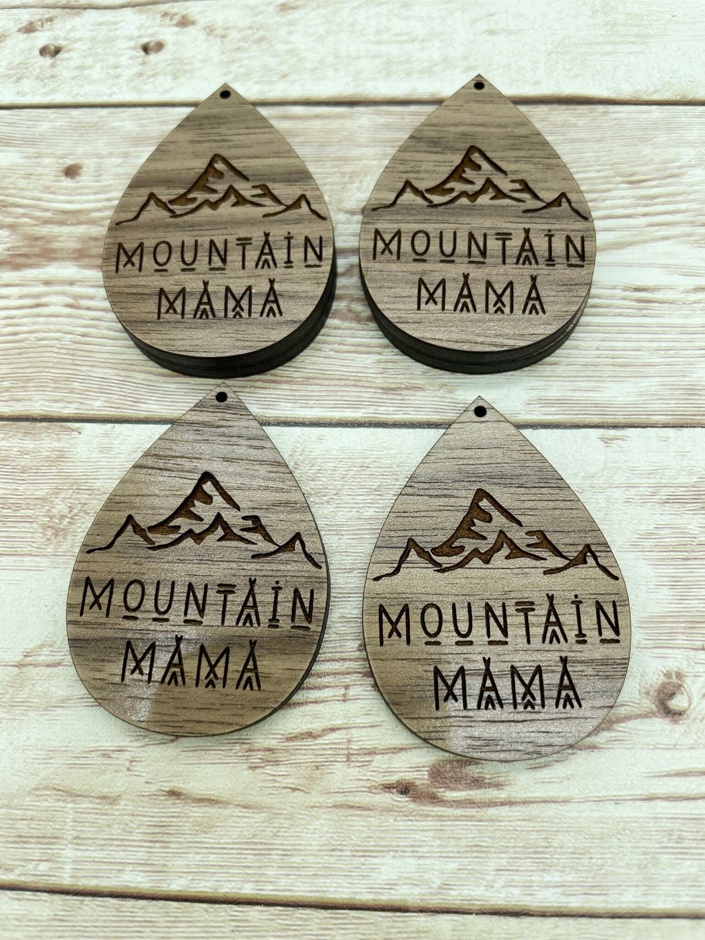 Wood Teardrop Engraved Mountain Mama Earring Blanks, Finished Walnut Blank, DIY Jewelry Making
