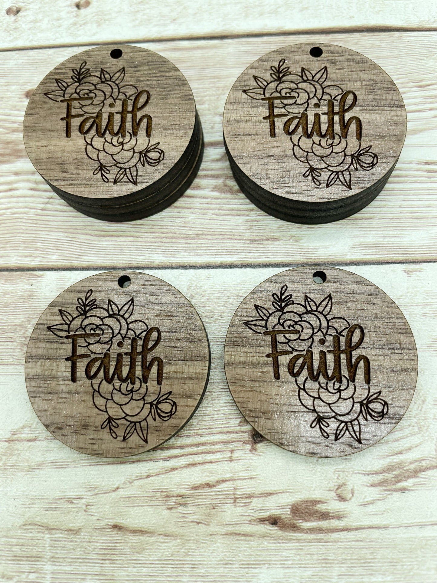 Wood Circle Engraved Floral Faith Earring Blanks, Finished Walnut Blank, DIY Jewelry Making