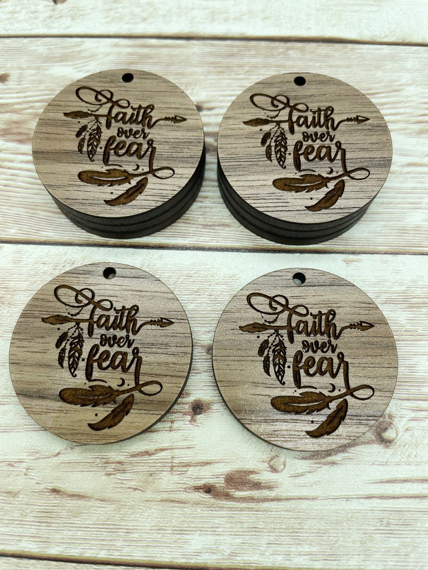 Wood Circle Engraved Faith Over Fear Boho Earring Blanks, Finished Walnut Blank, DIY Jewelry Making