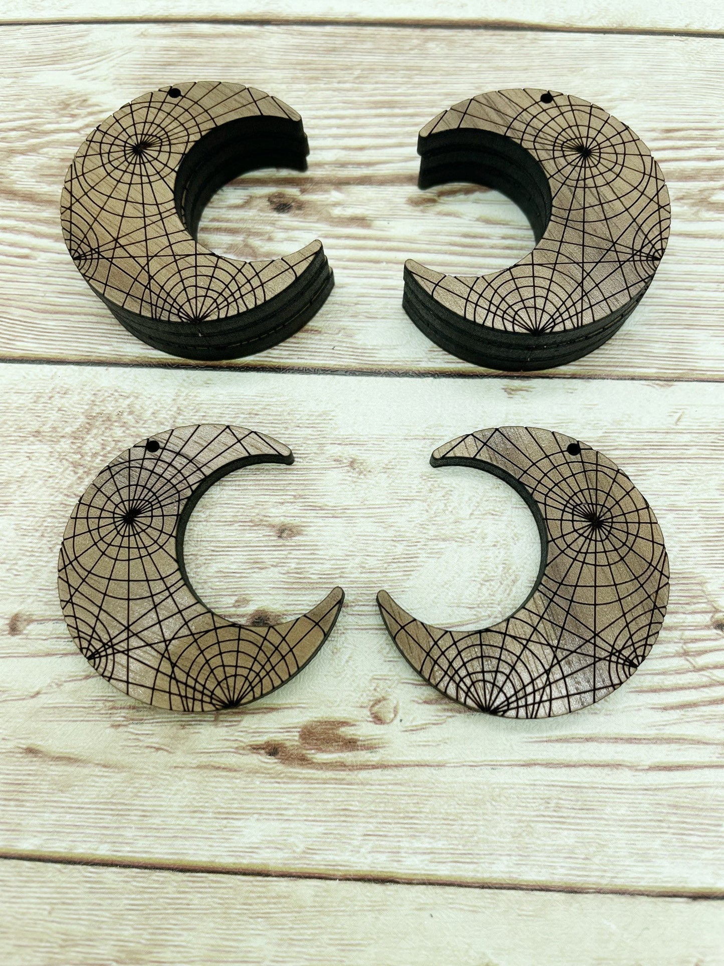 Wood Engraved Spiderweb Moon Earring Blanks, Finished Walnut Blank, DIY Jewelry Making