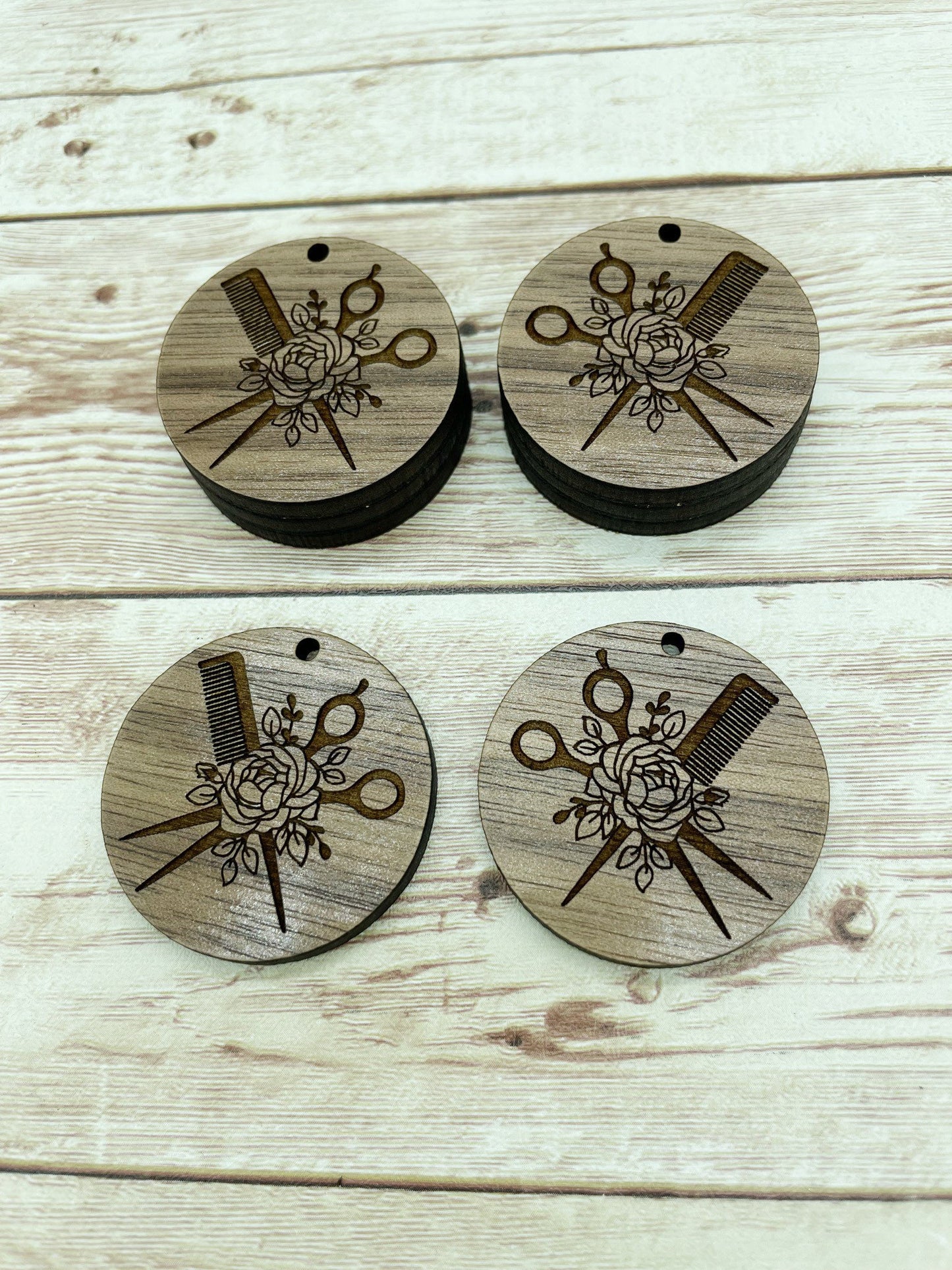 Wood Circle Engraved Floral Hairdresser Earring Blanks, Finished Walnut Blank, DIY Jewelry Making