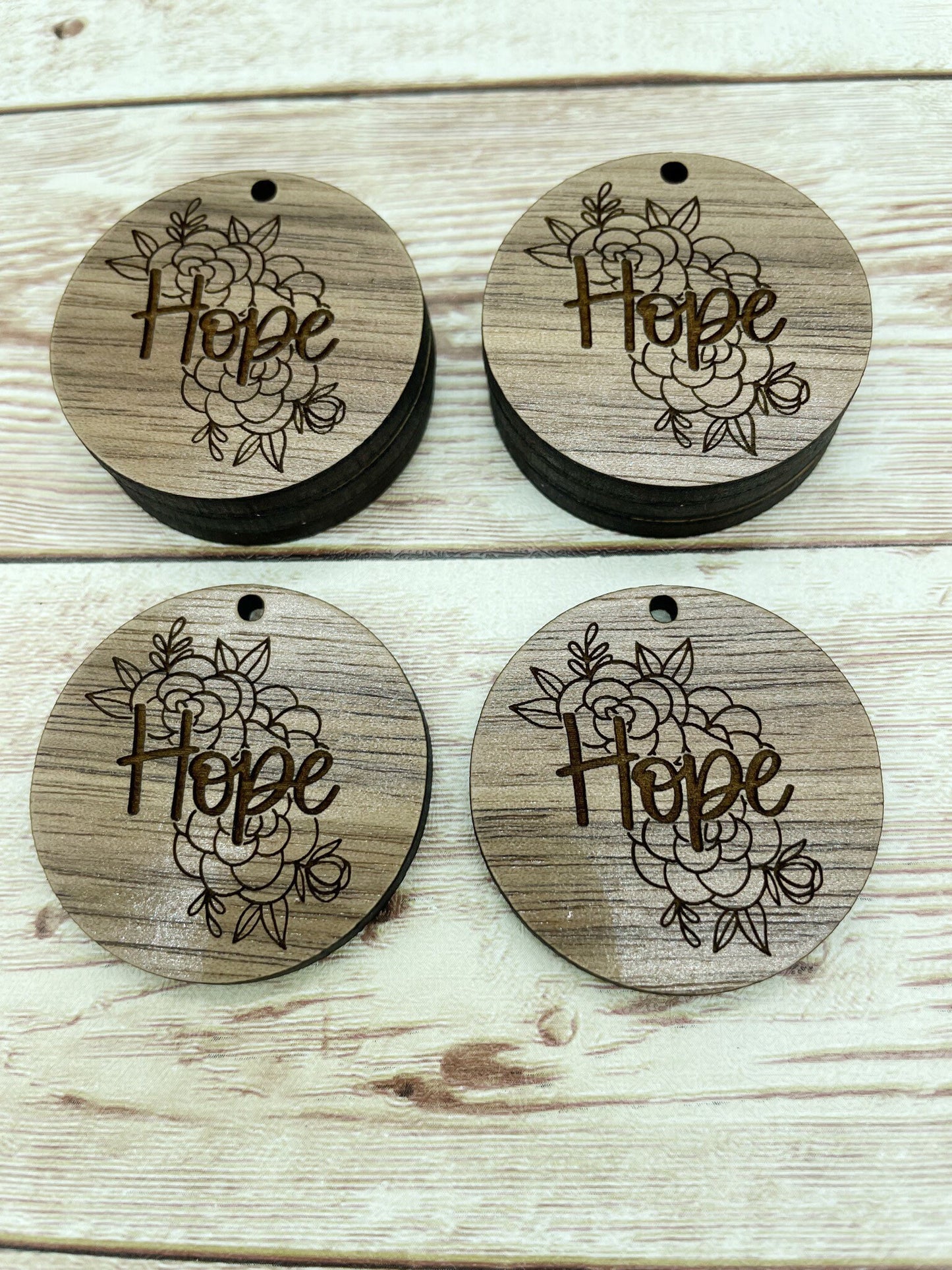 Wood Circle Engraved Floral Hope Earring Blanks, Finished Walnut Blank, DIY Jewelry Making