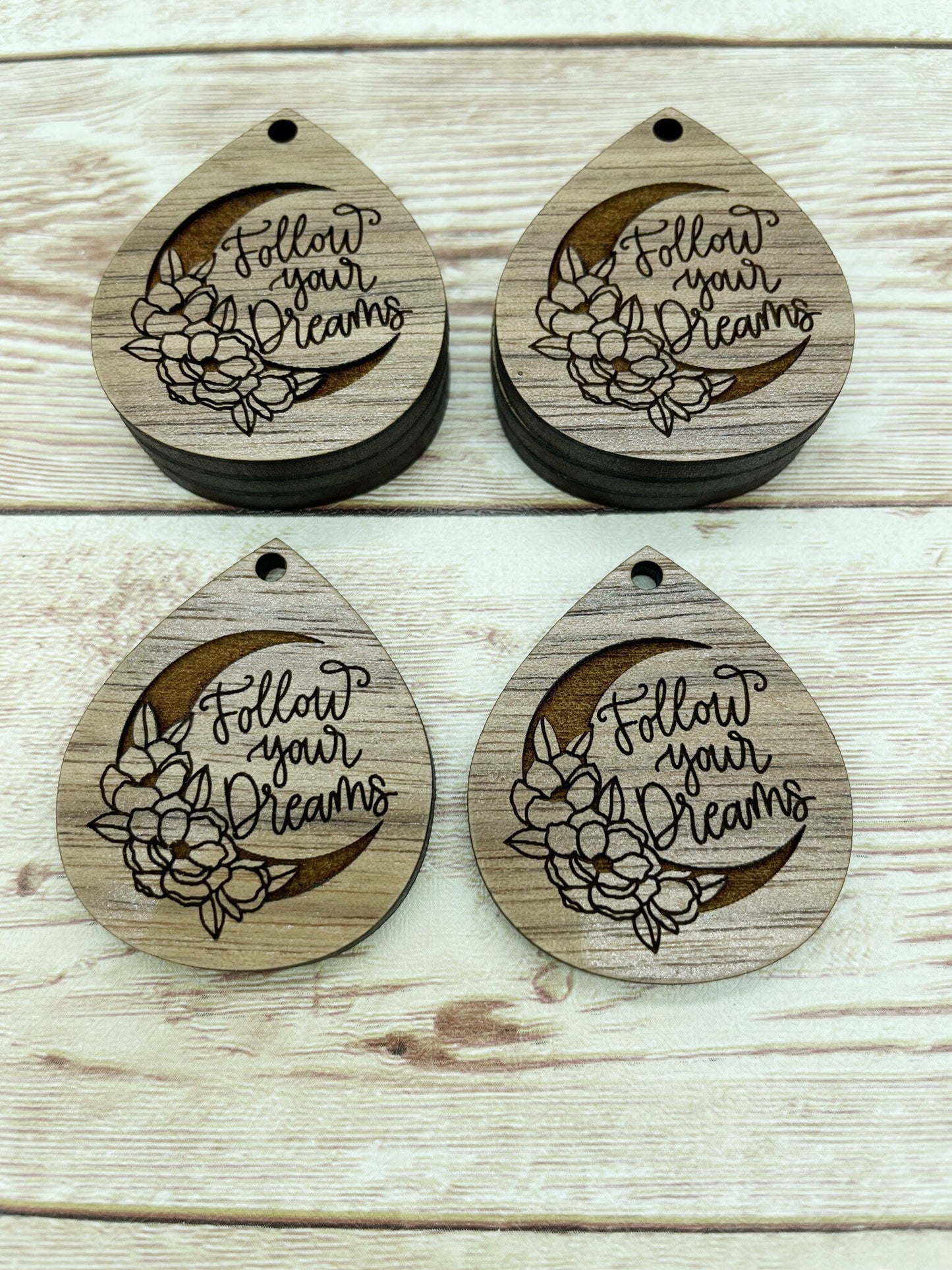 Wood Teardrop Engraved Floral Follow Your Dreams Earring Blanks, Finished Walnut Blank, DIY Jewelry Making