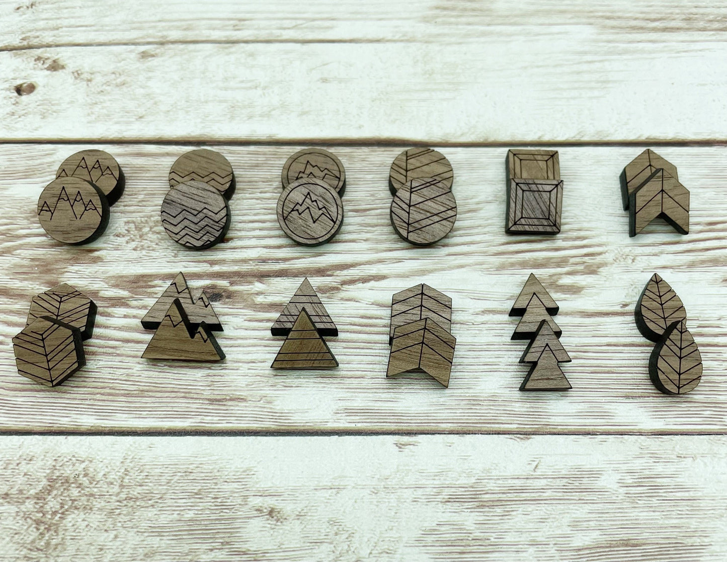 Wood Engraved Geometric Outdoor Set of 12 Stud Earring Blanks, Finished Walnut Blank, DIY Jewelry Making