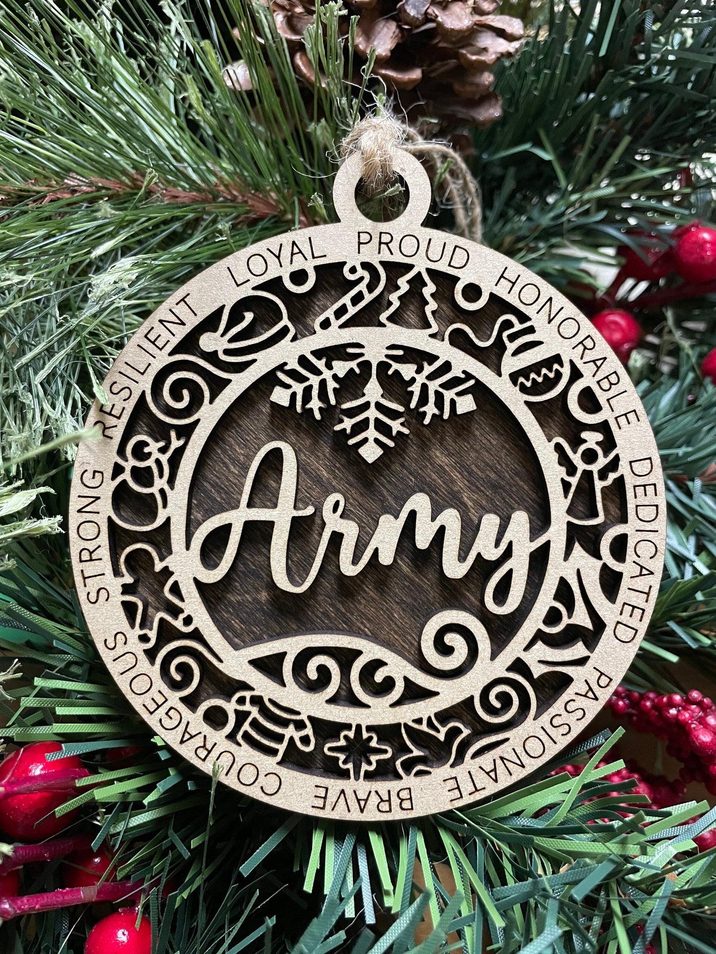 Army Military Christmas Ornament, Wood Ornament, Holiday Christmas Gift, Laser Cut Engraved