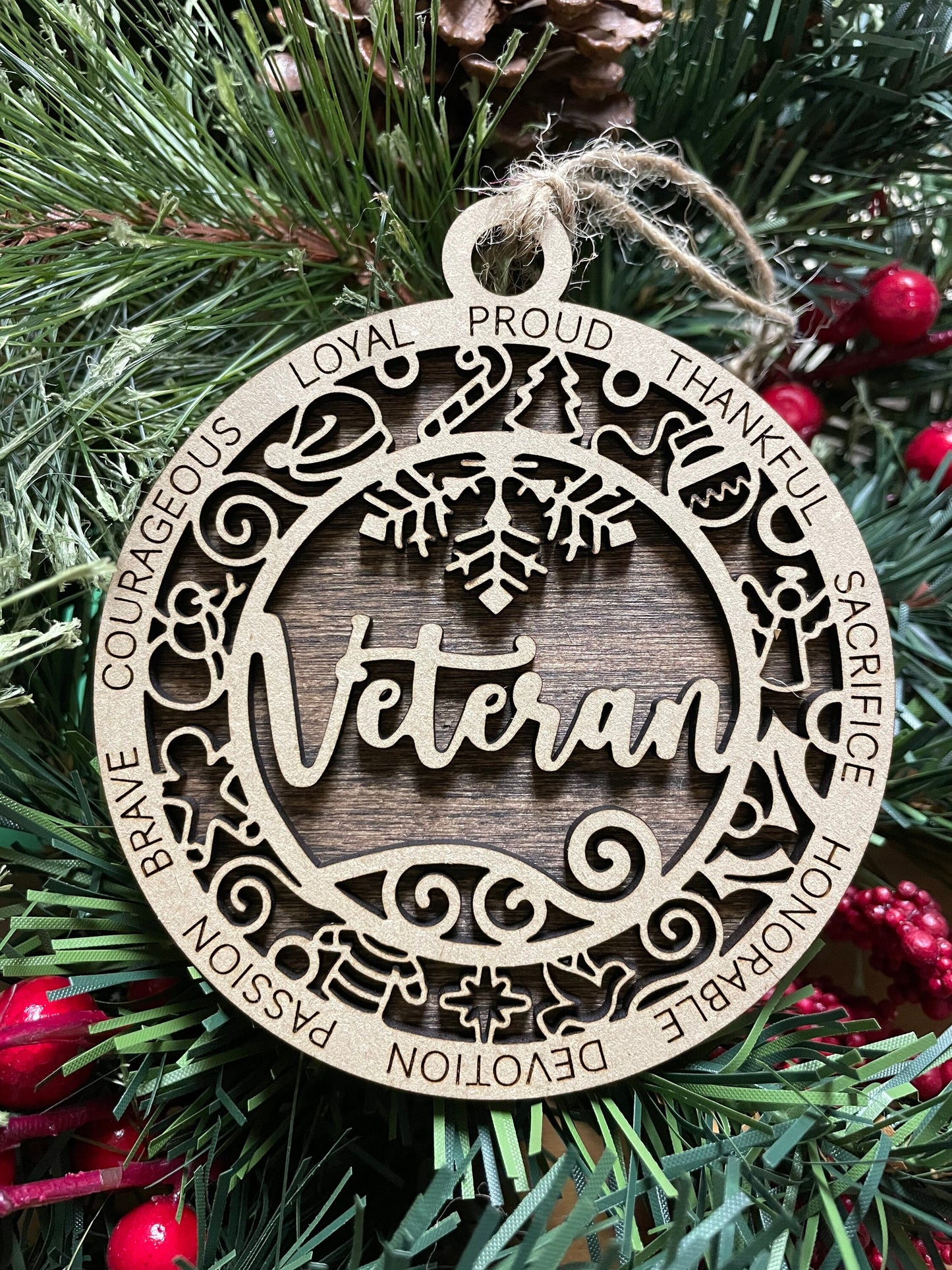 Veteran Christmas Ornament, Wood Ornament, Holiday Christmas Gift, Laser Cut Engraved