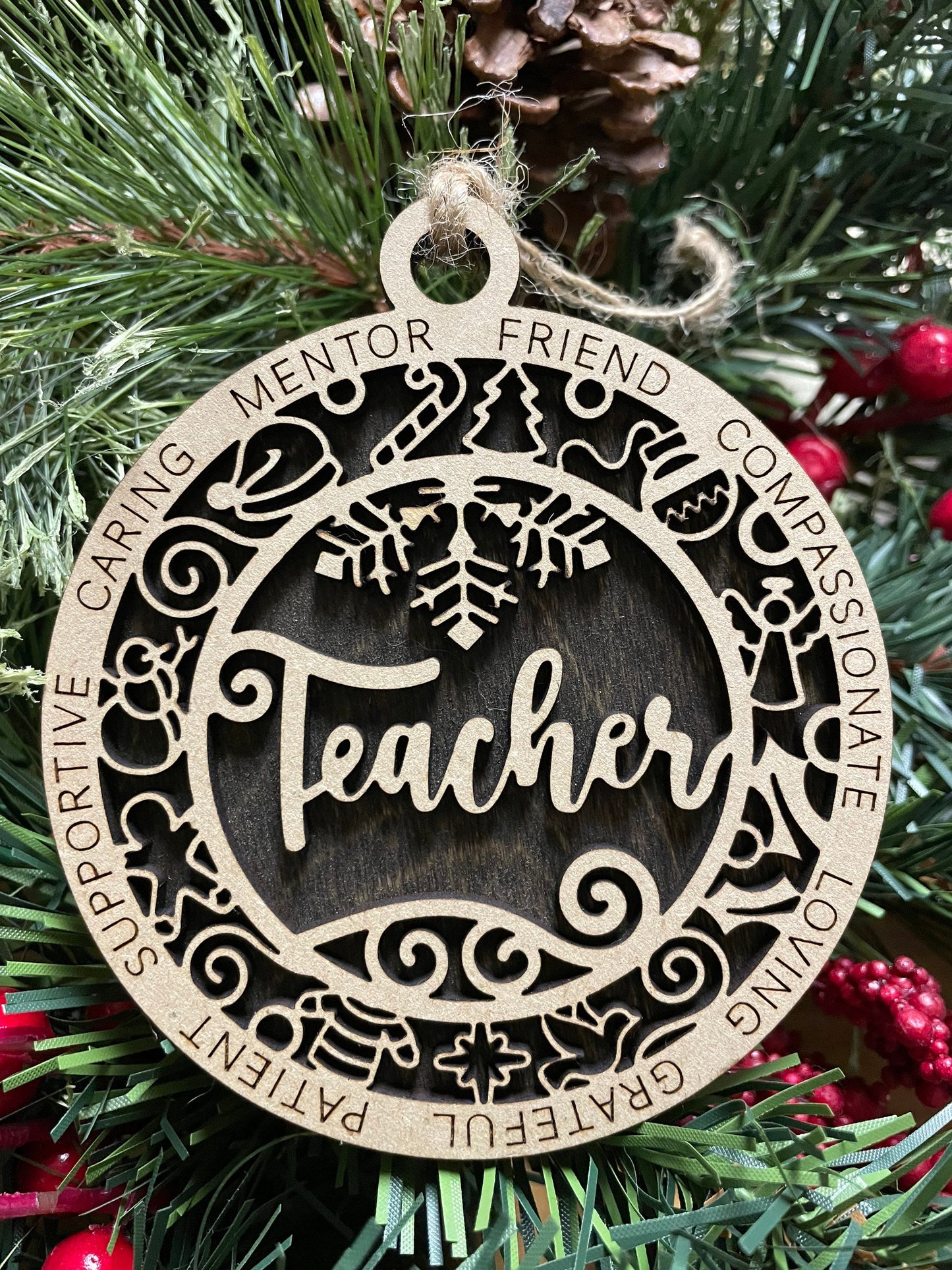 Teacher Christmas Ornament, Wood Ornament, Holiday Christmas Gift, Laser Cut Engraved