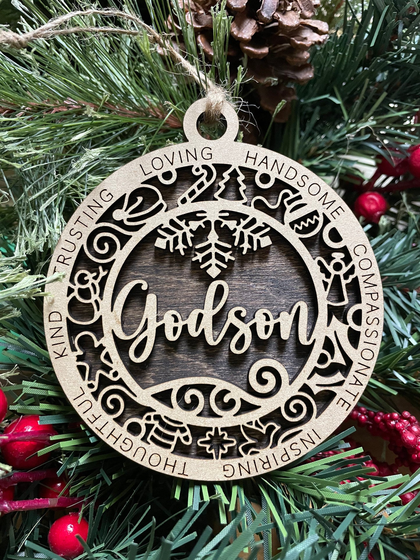 Godson Christmas Ornament, Wood Ornament, Holiday Christmas Gift, Laser Cut Engraved