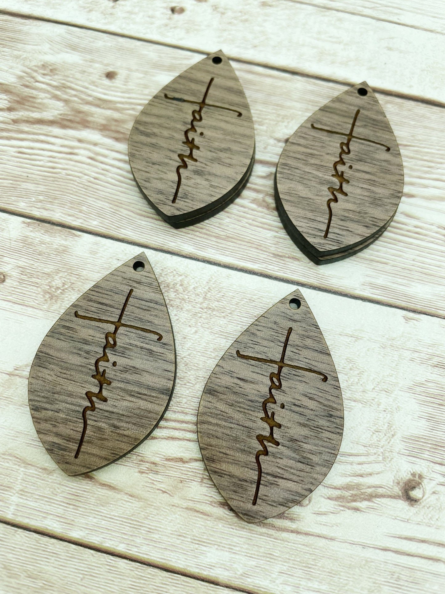 Wood Teardrop Engraved Faith Earring Blanks, Finished Walnut Blank, DIY Jewelry Making