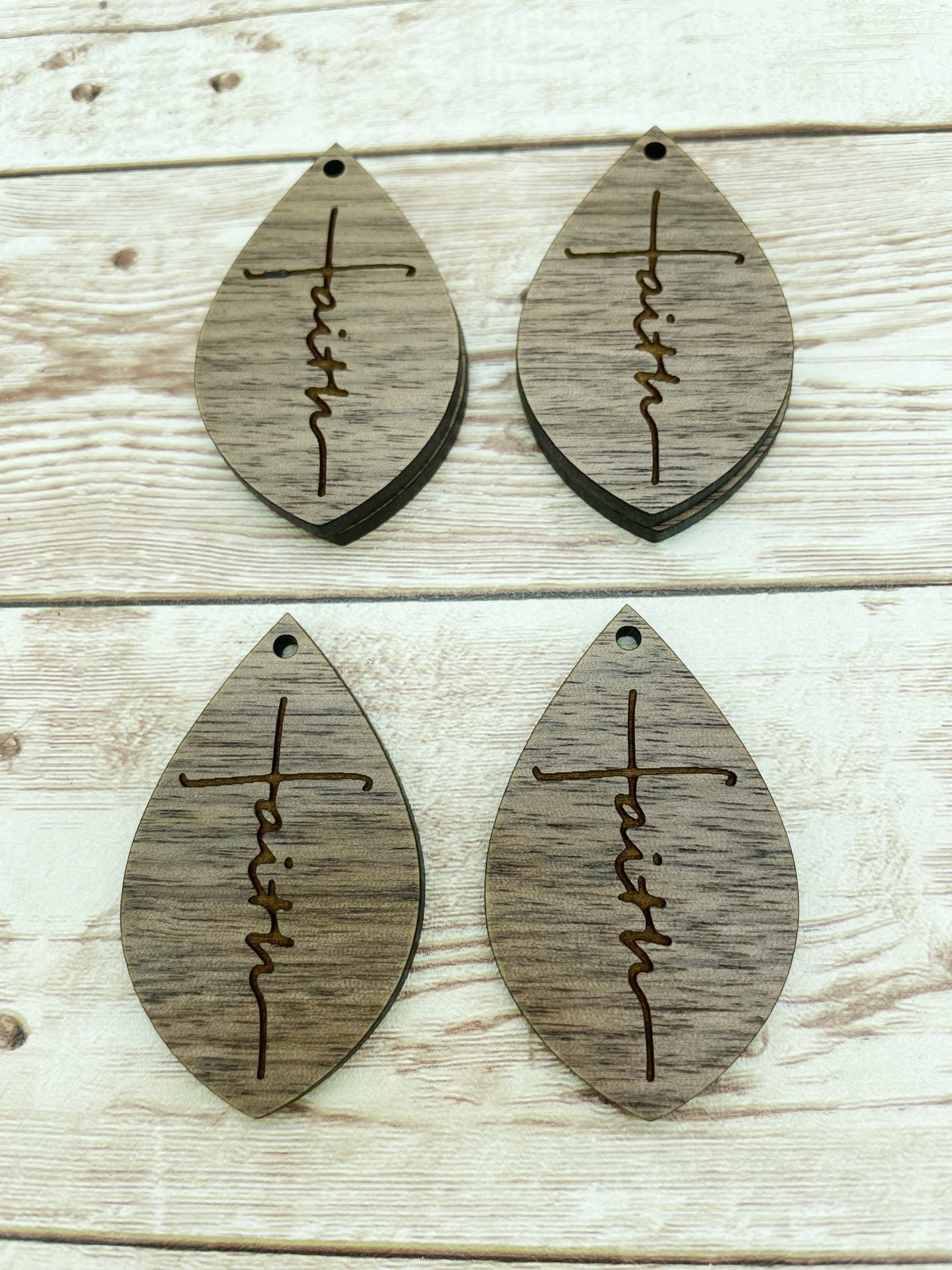Wood Teardrop Engraved Faith Earring Blanks, Finished Walnut Blank, DIY Jewelry Making