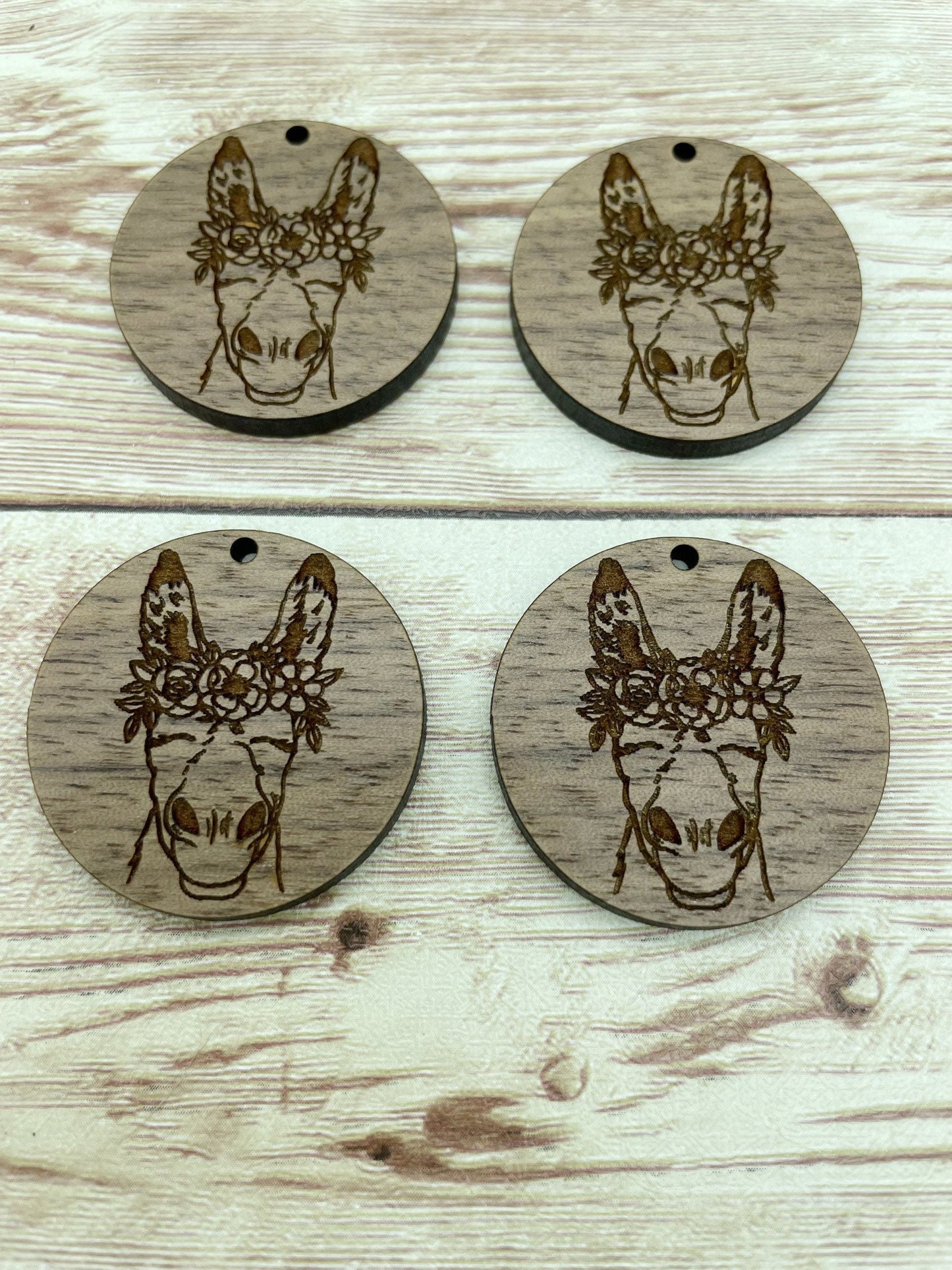 Wood Circle Engraved Floral Donkey Earring Blanks, Finished Walnut Blank, DIY Jewelry Making