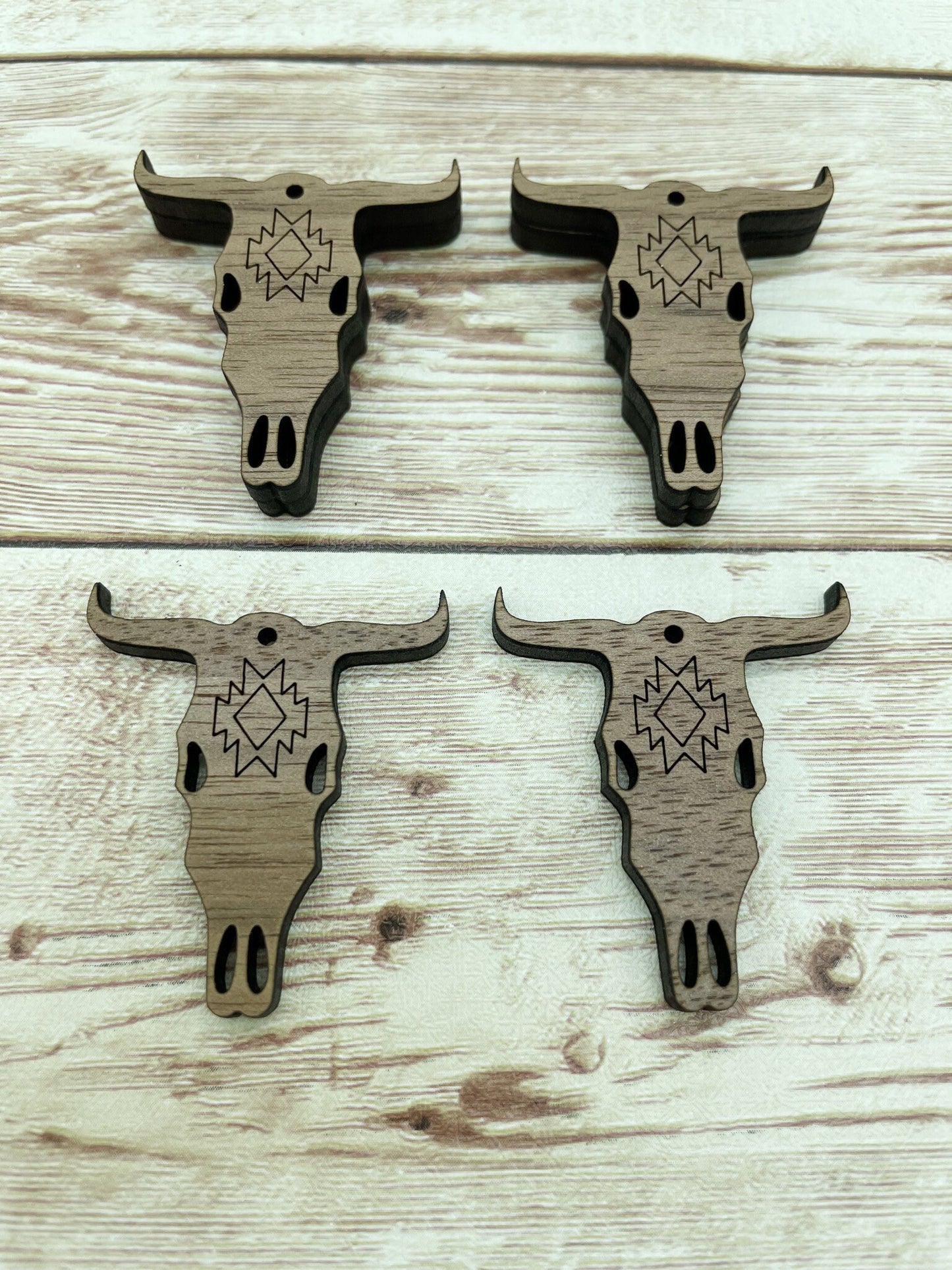 Wood Engraved Cow Skull 1 Earring Blanks, Finished Walnut Blank, DIY Jewelry Making