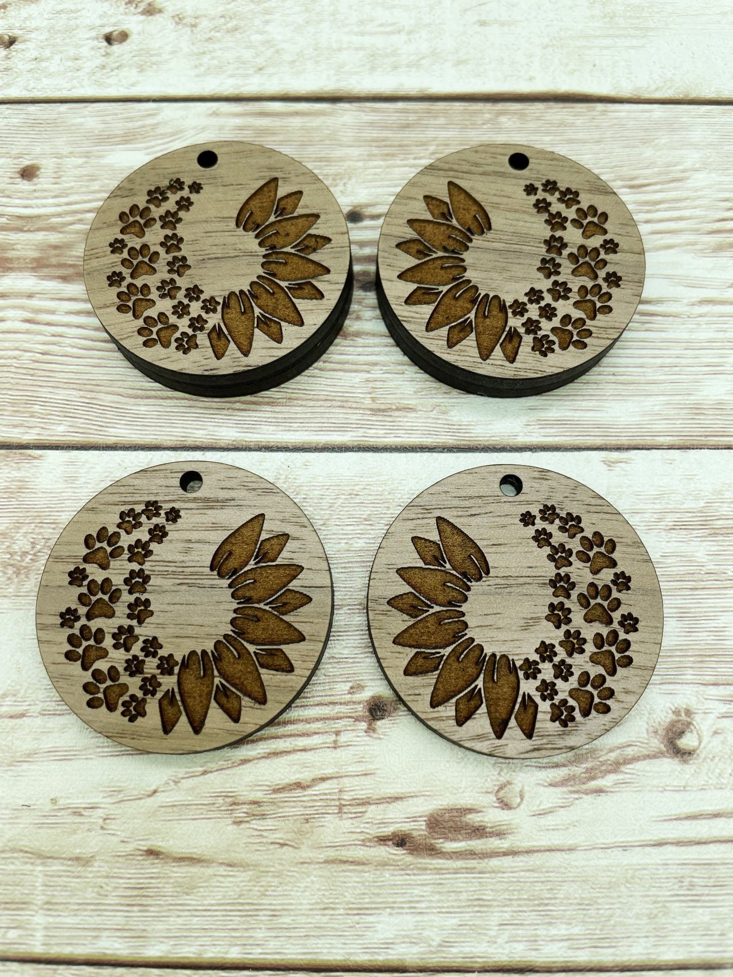 Wood Circle Engraved Paw Cat Dog Sunflower Earring Blanks, Finished Walnut Blank, DIY Jewelry Making