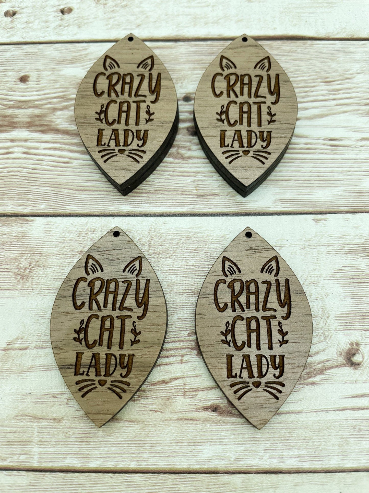 Wood Teardrop Engraved Crazy Cat Lady Earring Blanks, Finished Walnut Blank, DIY Jewelry Making