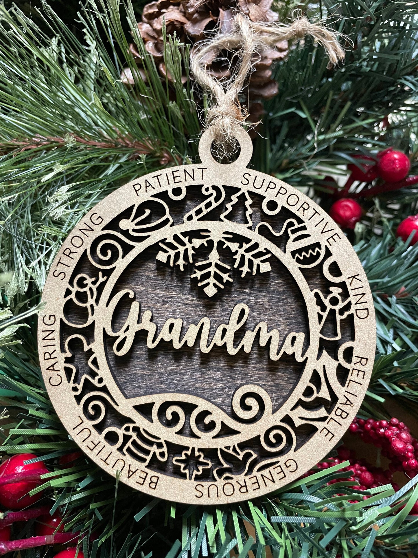 Grandma Christmas Ornament, Wood Ornament, Holiday Christmas Gift, Laser Cut Engraved