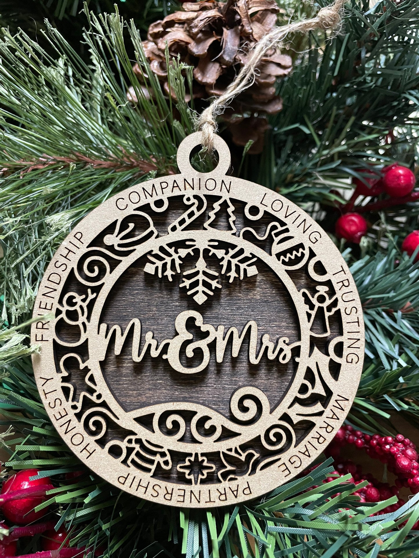 Mr. & Mrs. Christmas Ornament, Wood Ornament, Holiday Christmas Gift, Laser Cut Engraved