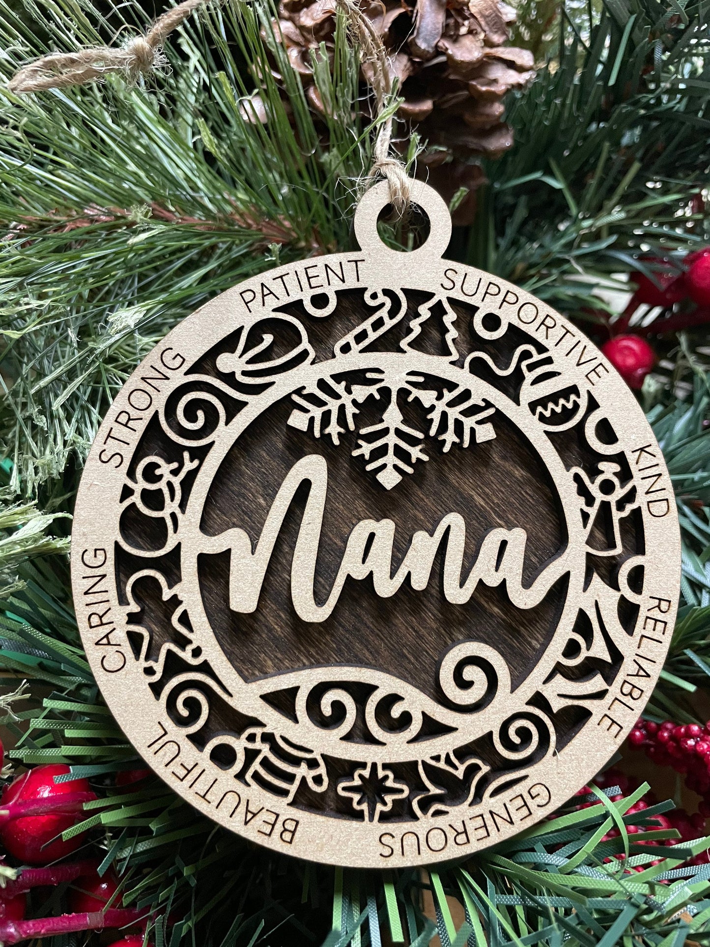 Nana Christmas Ornament, Wood Ornament, Holiday Christmas Gift, Laser Cut Engraved