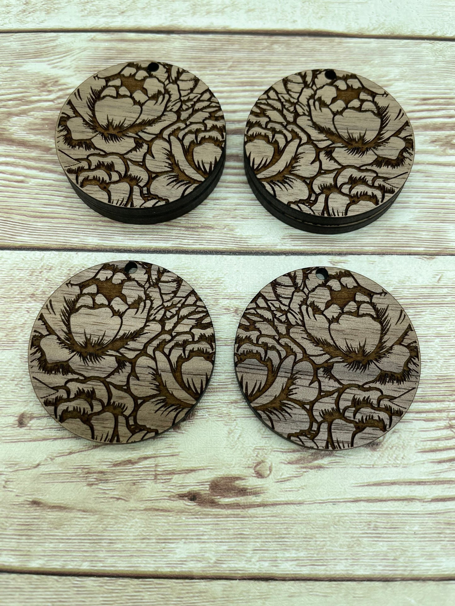 Wood Circle Engraved Floral Earring Blanks, Finished Walnut Blank, DIY Jewelry Making