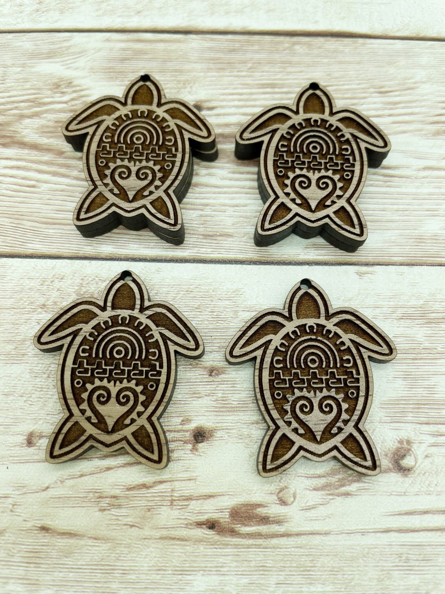 Wood Engraved Sea Turtle Earring Blanks, Finished Walnut Blank, DIY Jewelry Making