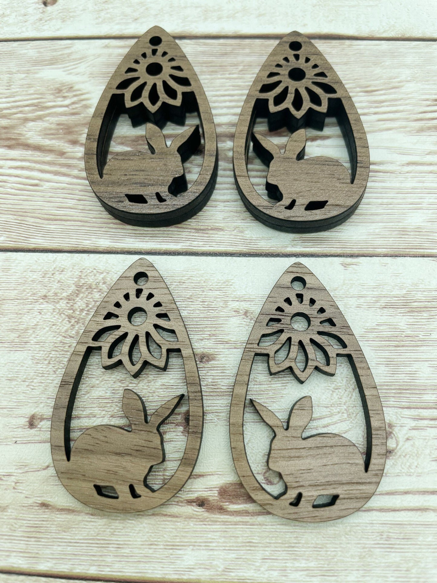 Wood Teardrop Rabbit Flower Earring Blanks, Finished Walnut Blank, DIY Jewelry Making