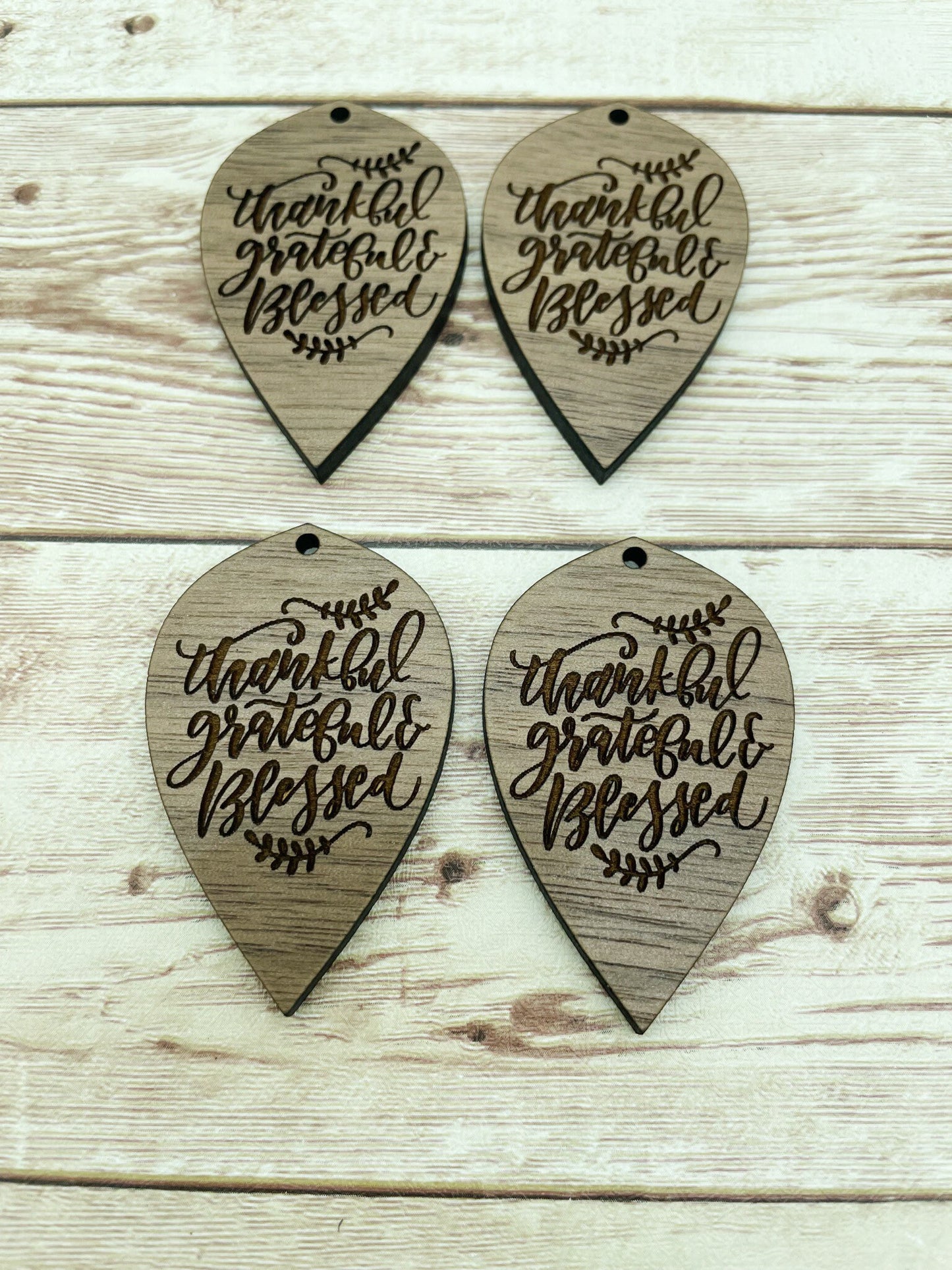 Wood Teardrop Engraved Thankful Grateful Blessed Earring Blanks, Finished Walnut Blank, DIY Jewelry Making