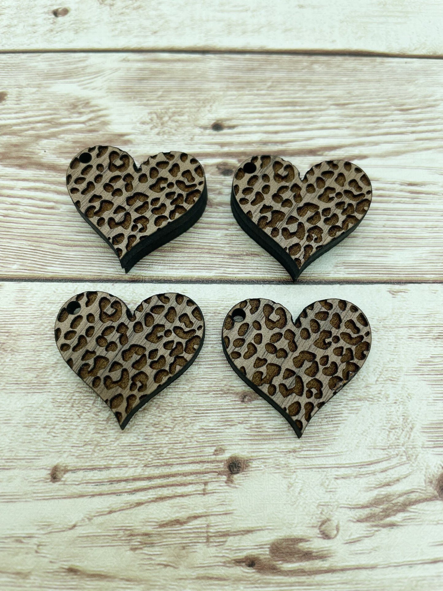 Wood Engraved Leopard Animal Print Heart Earring Blanks, Finished Walnut Blank, DIY Jewelry Making