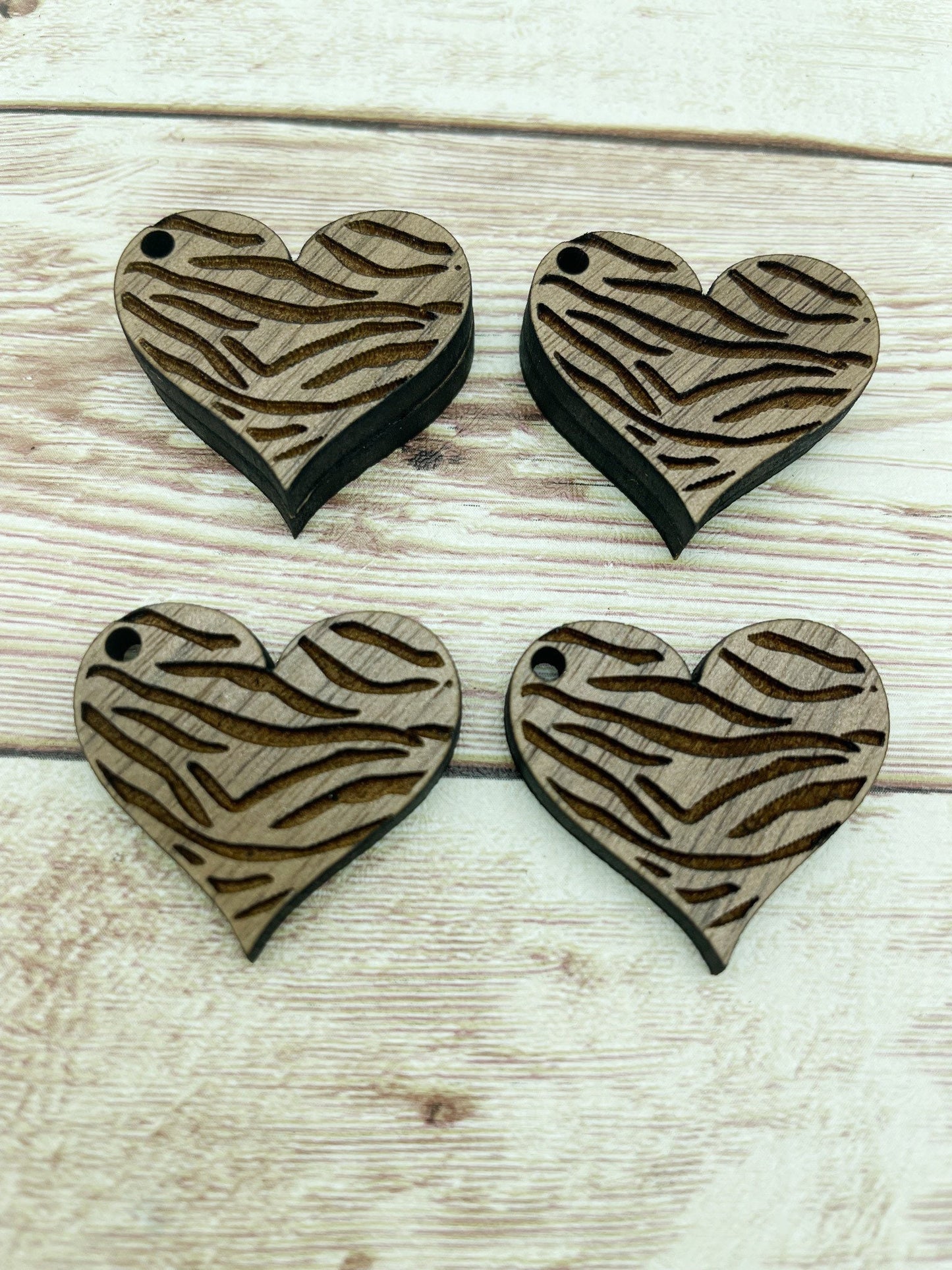 Wood Engraved Zebra Animal Print Heart Earring Blanks, Finished Walnut Blank, DIY Jewelry Making