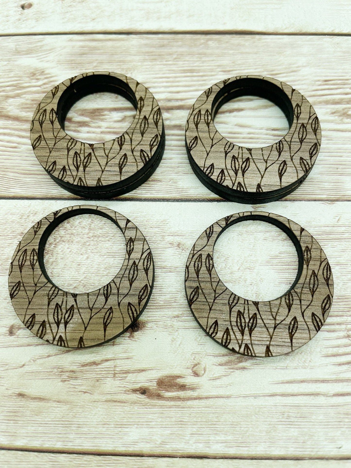 Wood Engraved Leaf Print Hoop Earring Blanks, Finished Walnut Blank, DIY Jewelry Making