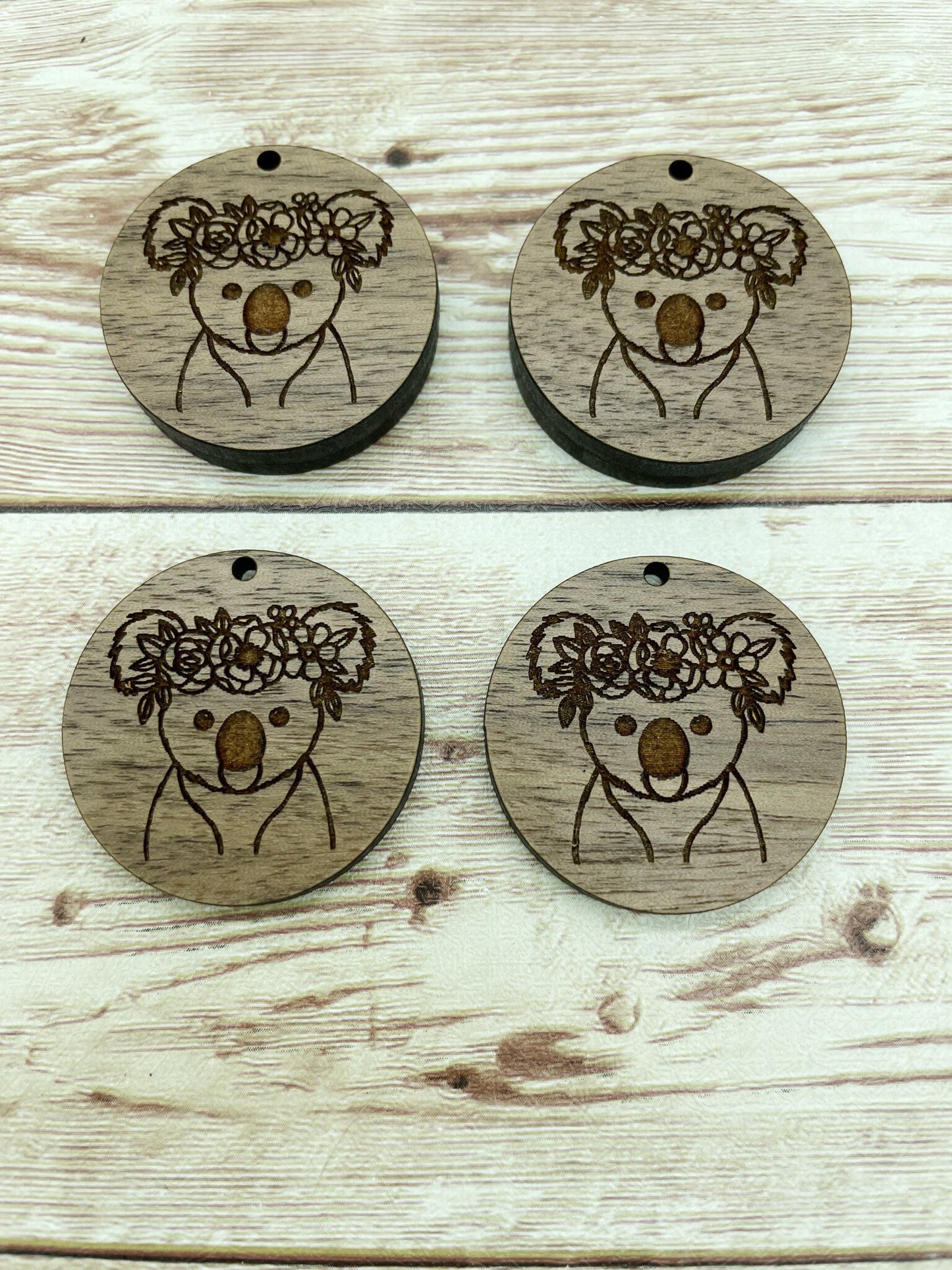 Wood Circle Engraved Floral Koala Earring Blanks, Finished Walnut Blank, DIY Jewelry Making