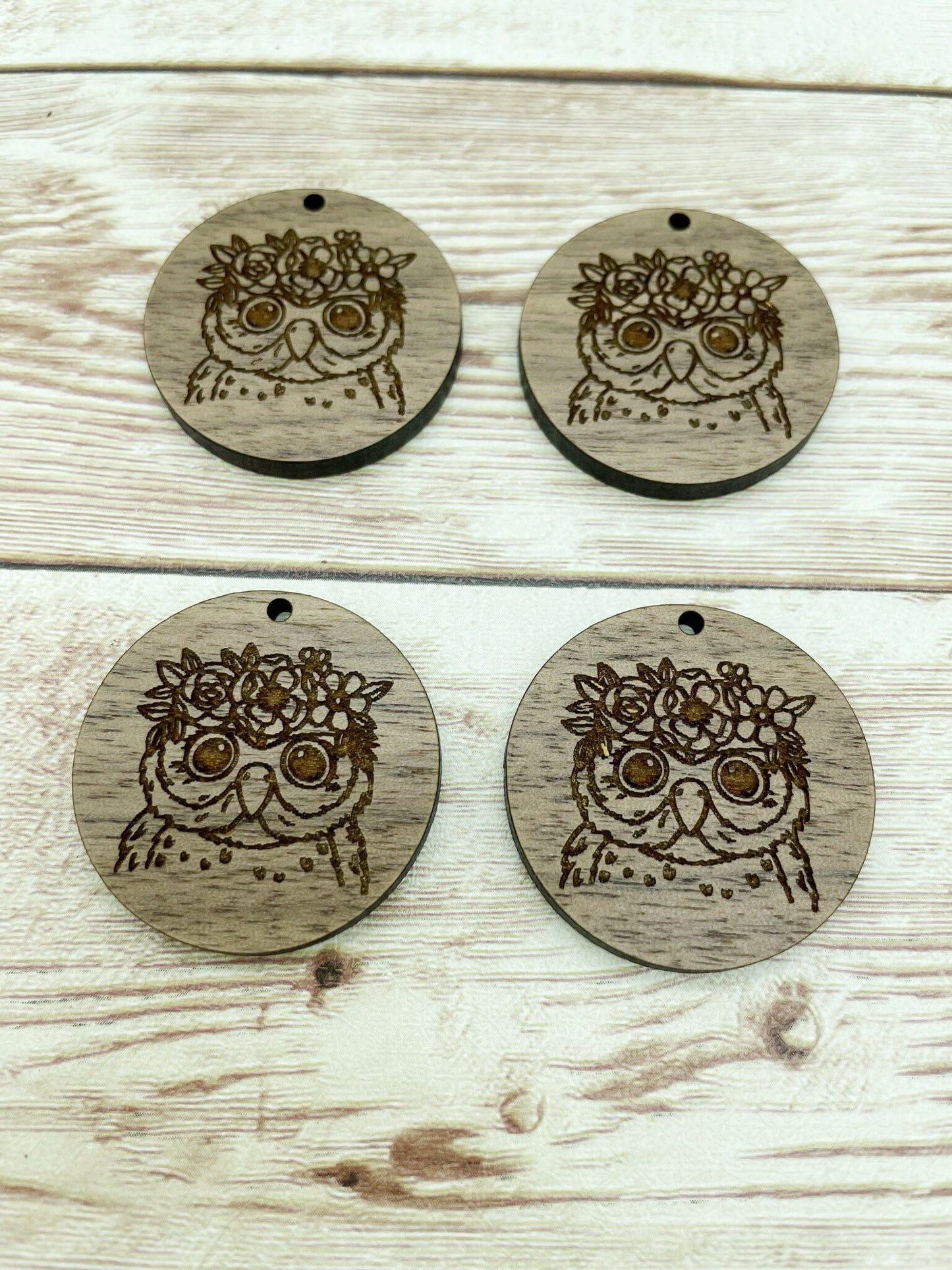 Wood Circle Engraved Floral Owl Earring Blanks, Finished Walnut Blank, DIY Jewelry Making