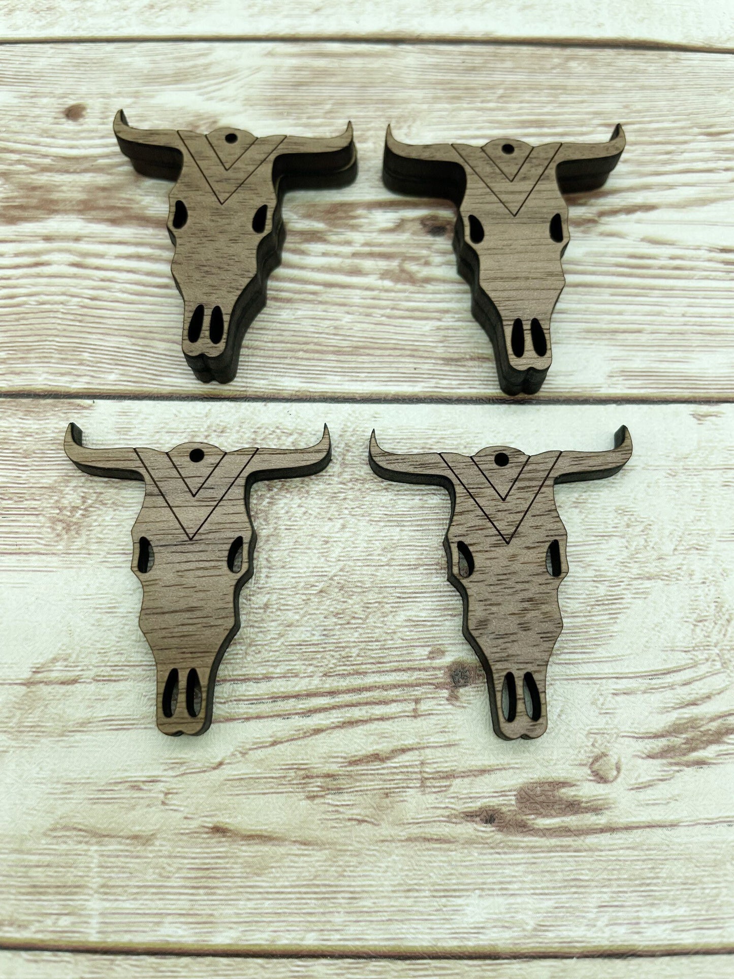 Wood Engraved Cow Skull 2 Earring Blanks, Finished Walnut Blank, DIY Jewelry Making