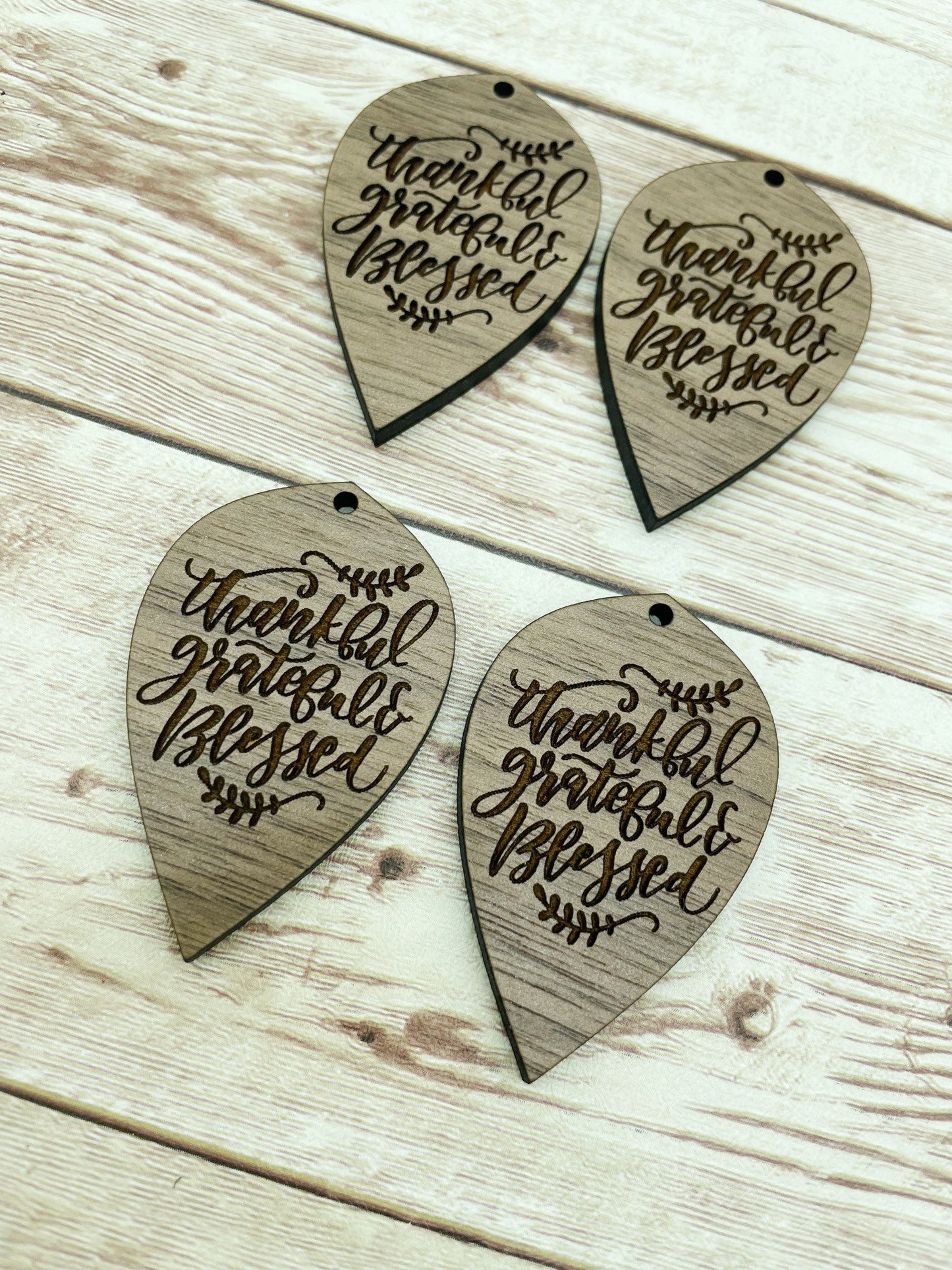 Wood Teardrop Engraved Thankful Grateful Blessed Earring Blanks, Finished Walnut Blank, DIY Jewelry Making