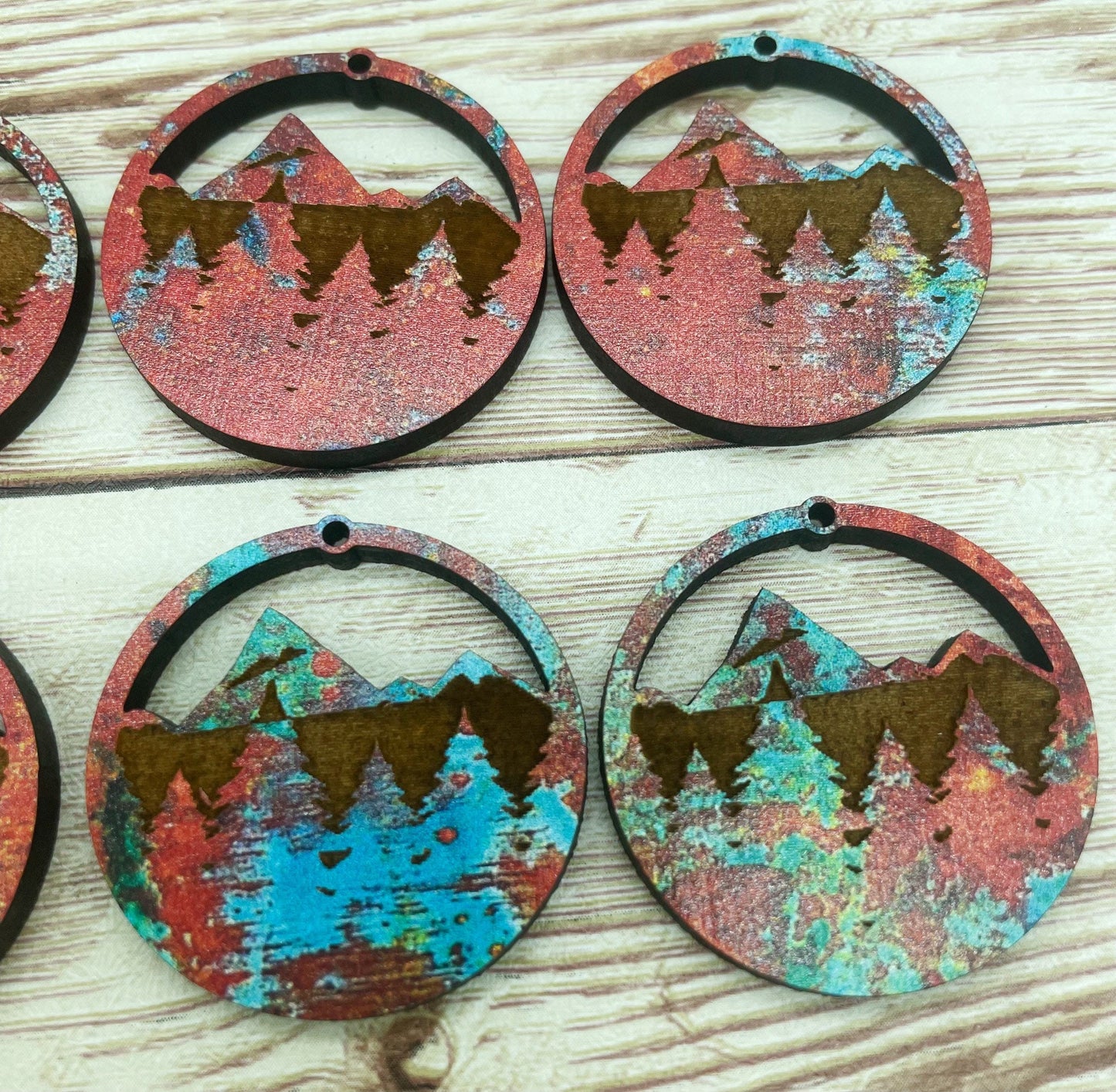 Patterned Wood Engraved Mountain and Trees Reflection Earring Blanks, DIY Jewelry Making