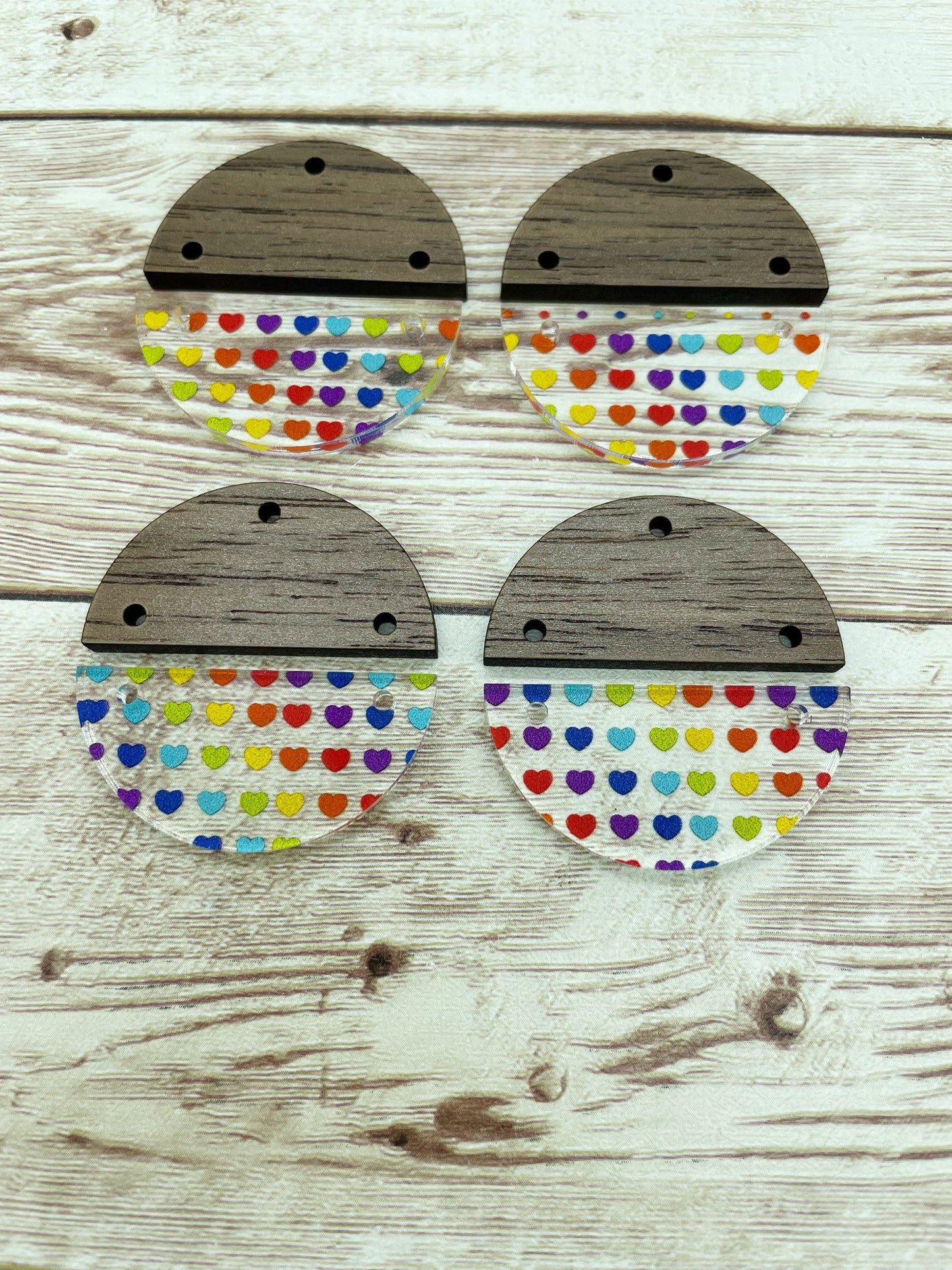 Patterned Acrylic and Wood Round Rainbow Heart Print Earring Blanks, DIY Jewelry Making