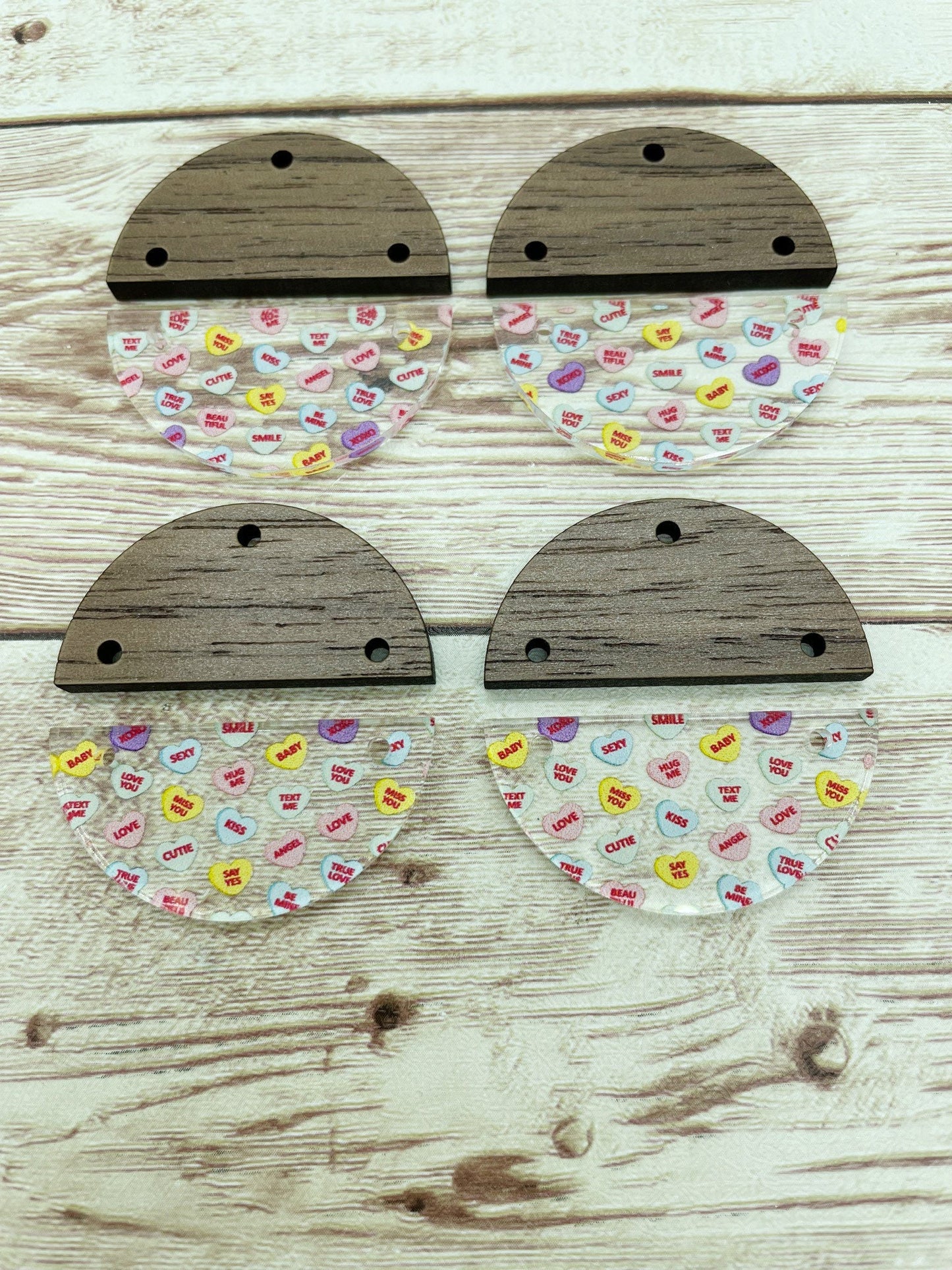 Patterned Acrylic and Wood Round Conversation Heart Print Earring Blanks, DIY Jewelry Making