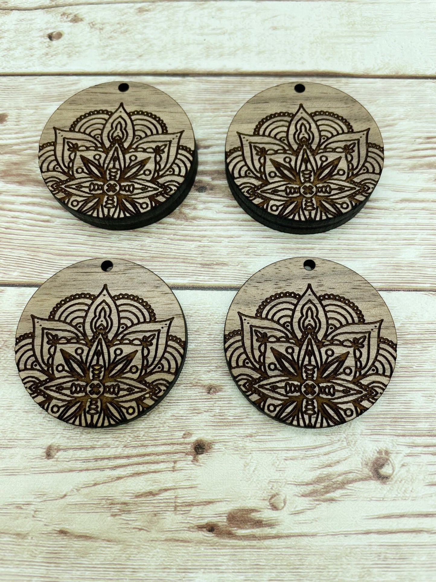 Wood Engraved Mandala Circle Earring Blanks, Finished Walnut Blank, DIY Jewelry Making