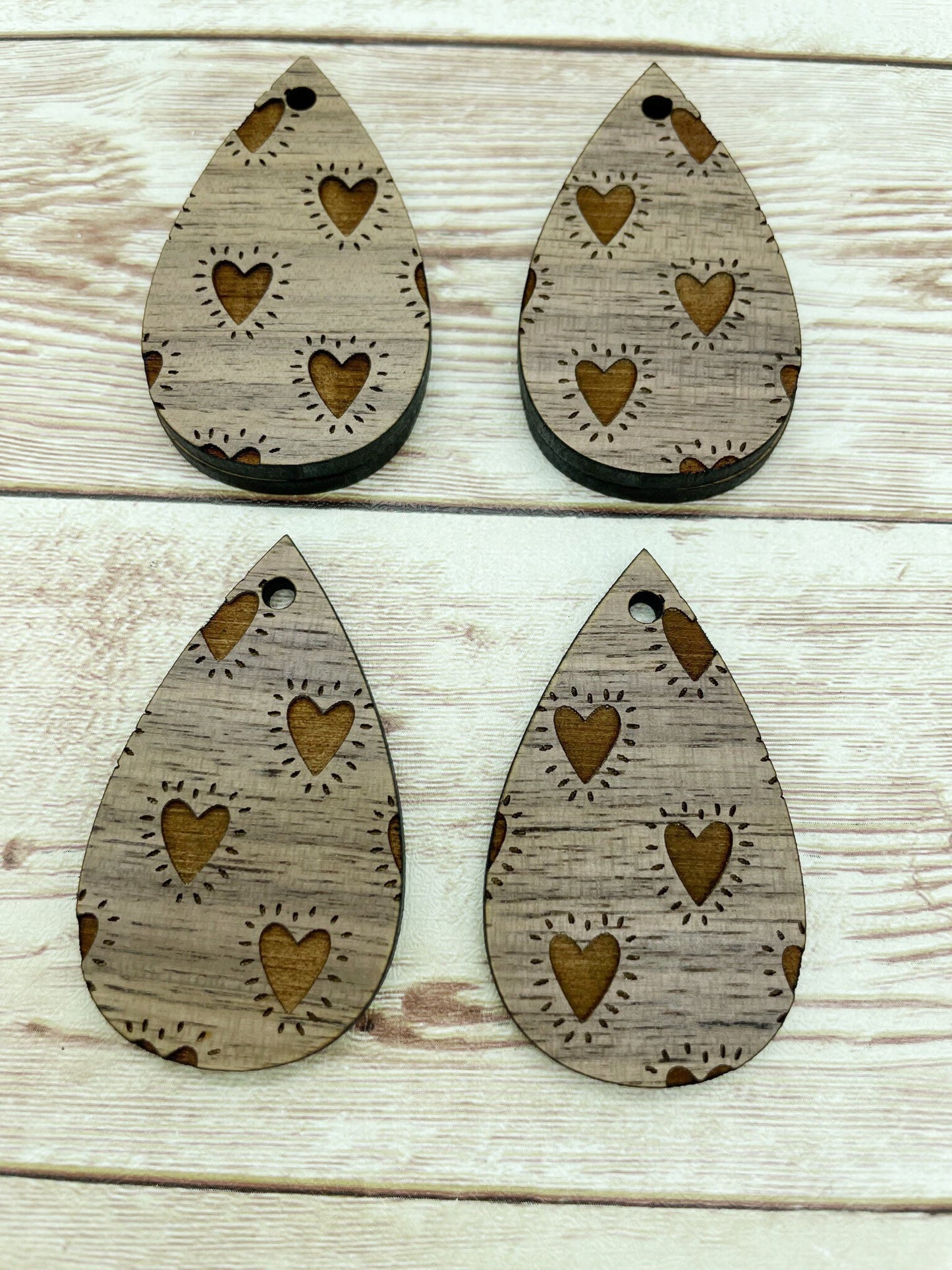 Wood Teardrop Engraved Heart Print #2 Earring Blanks, Finished Walnut Blank, DIY Jewelry Making