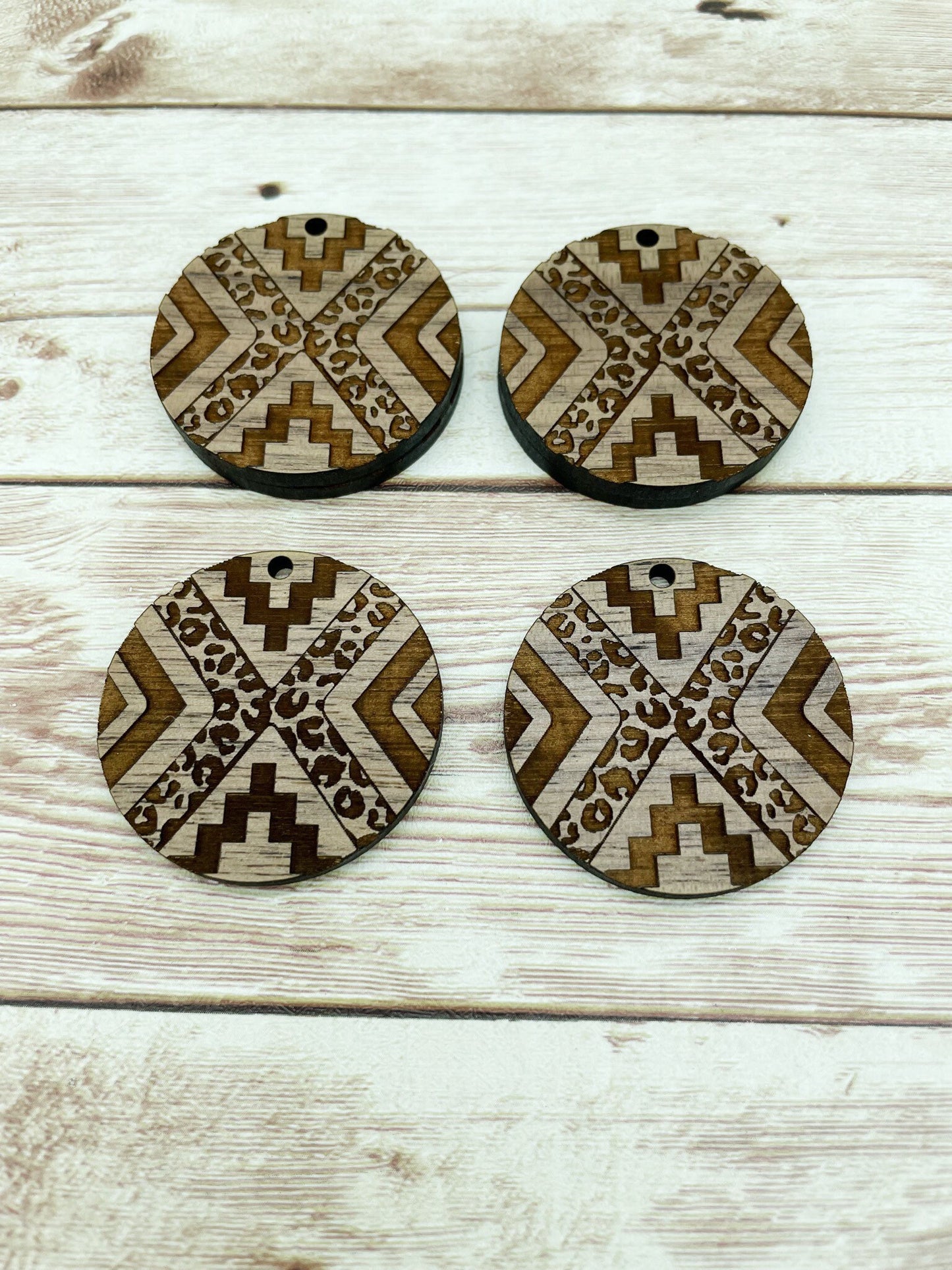 Wood Circle Engraved Leopard Print Southwestern Earring Blanks, Finished Walnut Blank, DIY Jewelry Making
