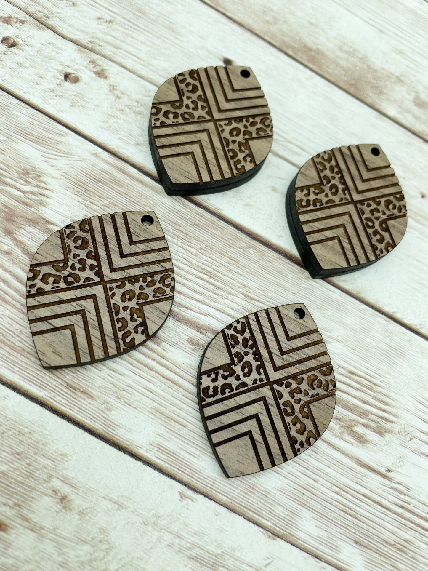 Wood Teardrop Engraved Leopard Print Southwestern #1 Earring Blanks, Finished Walnut Blank, DIY Jewelry Making