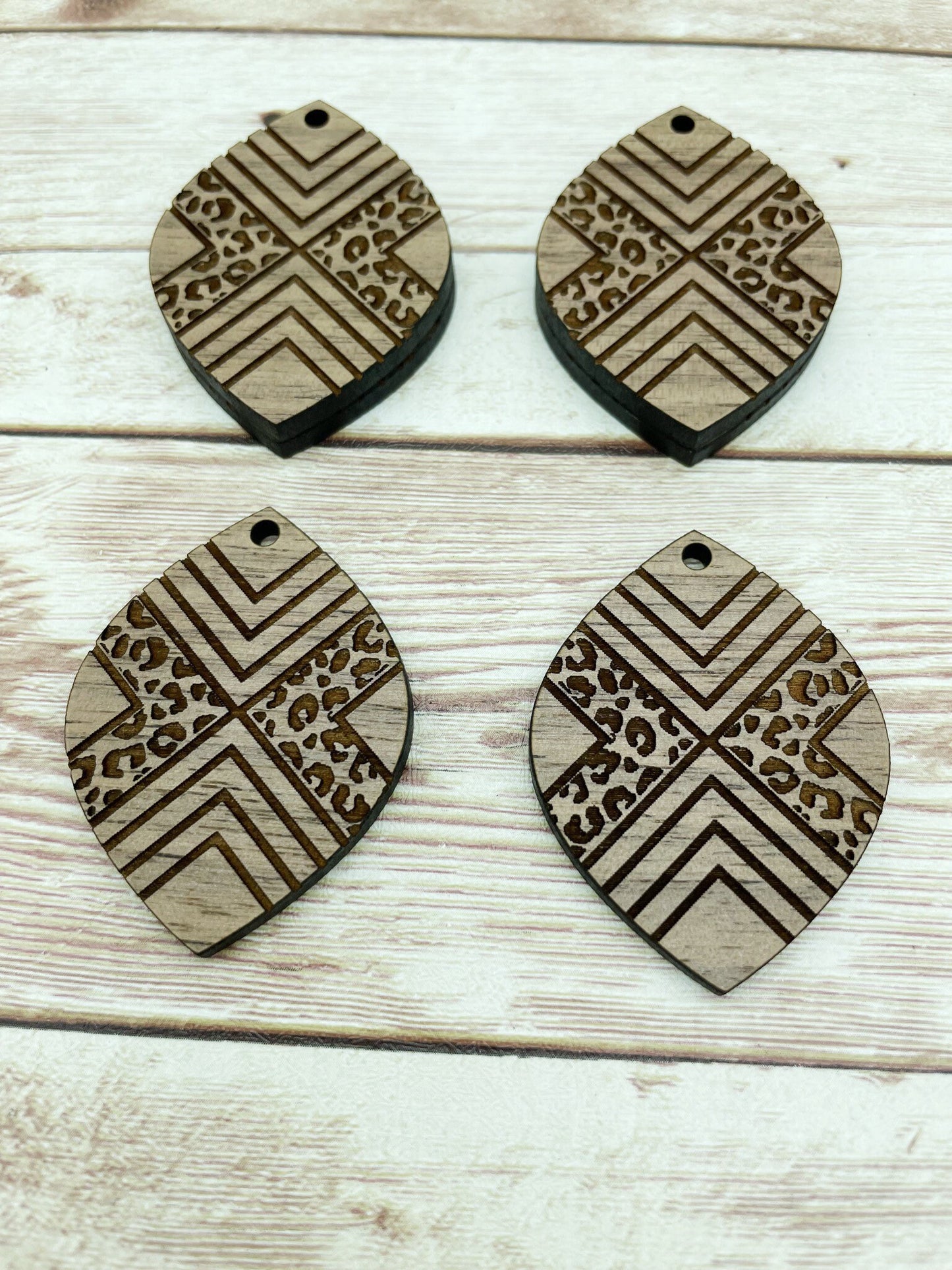 Wood Teardrop Engraved Leopard Print Southwestern #1 Earring Blanks, Finished Walnut Blank, DIY Jewelry Making