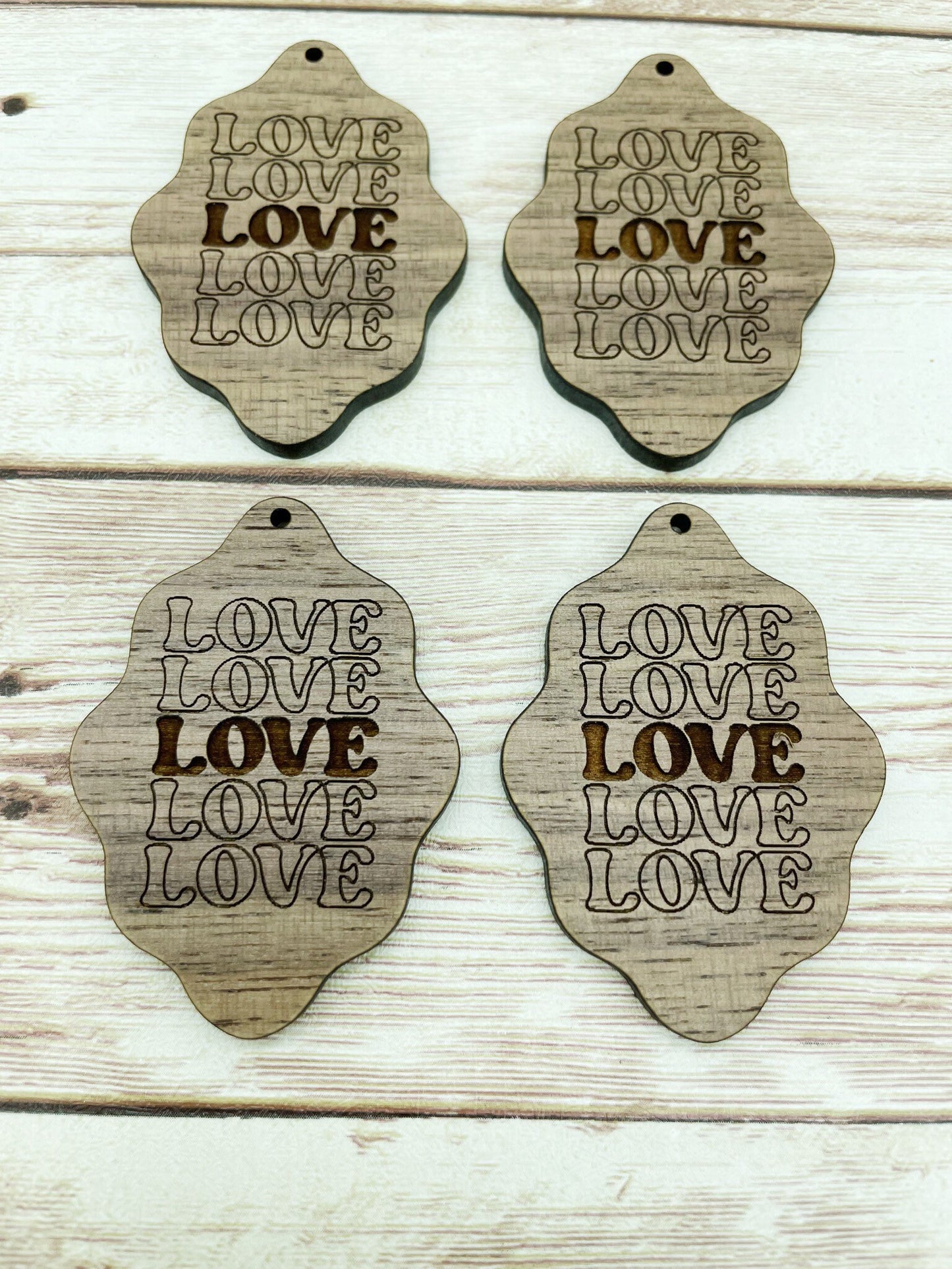 Wood Wavy Engraved Love Earring Blanks, Finished Walnut Blank, DIY Jewelry Making