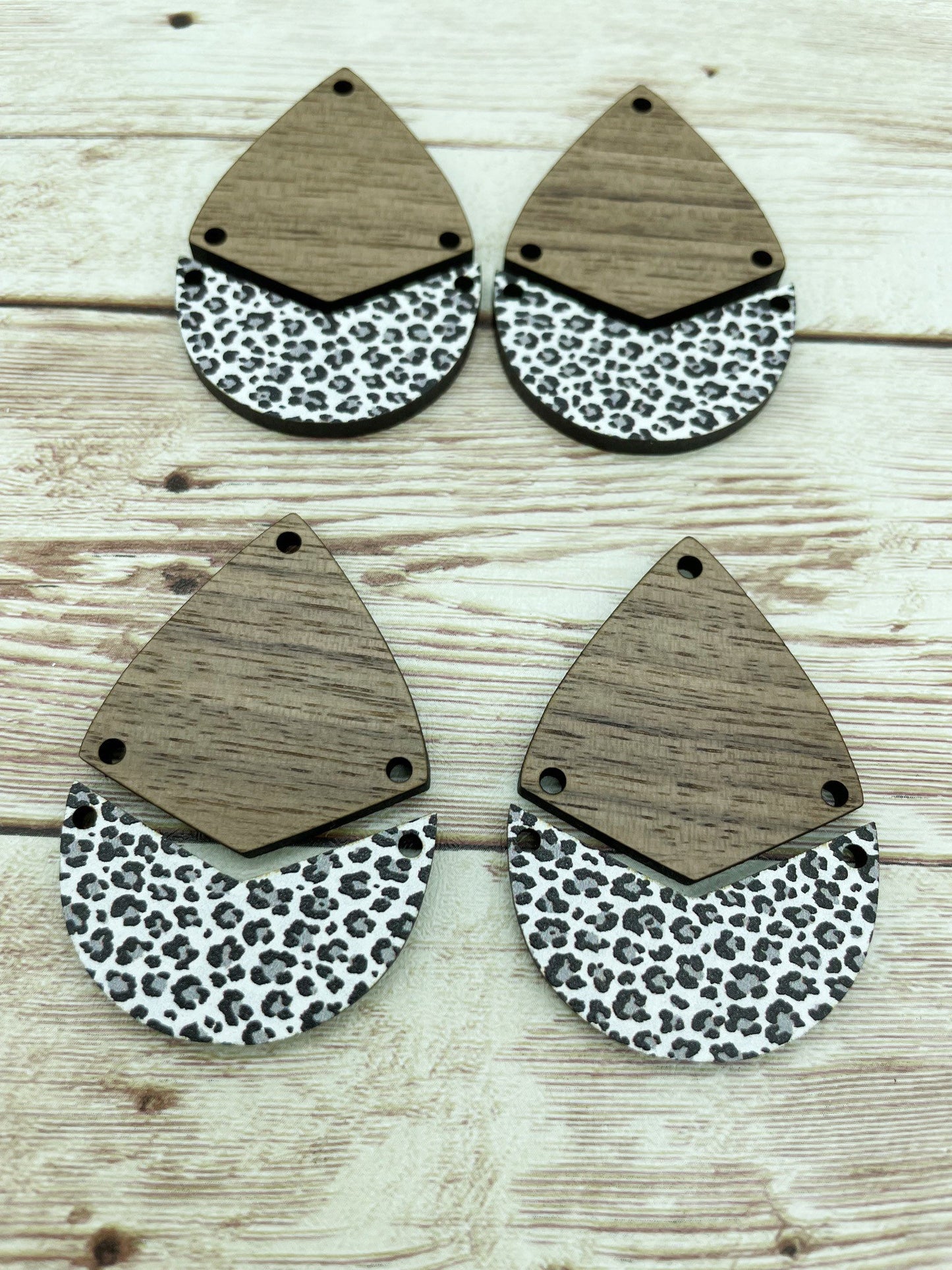 Patterned Snow Leopard Wood and Walnut Teardrop Set Earring Blanks, DIY Jewelry Making