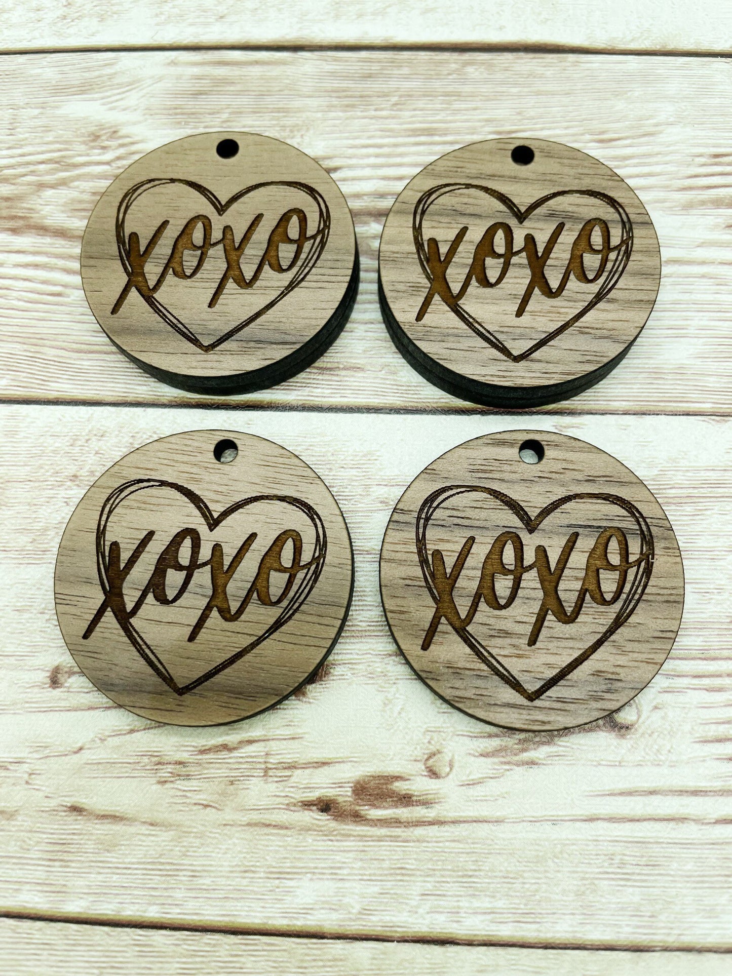 Wood Circle Engraved XOXO Heart Earring Blanks, Finished Walnut Blank, DIY Jewelry Making