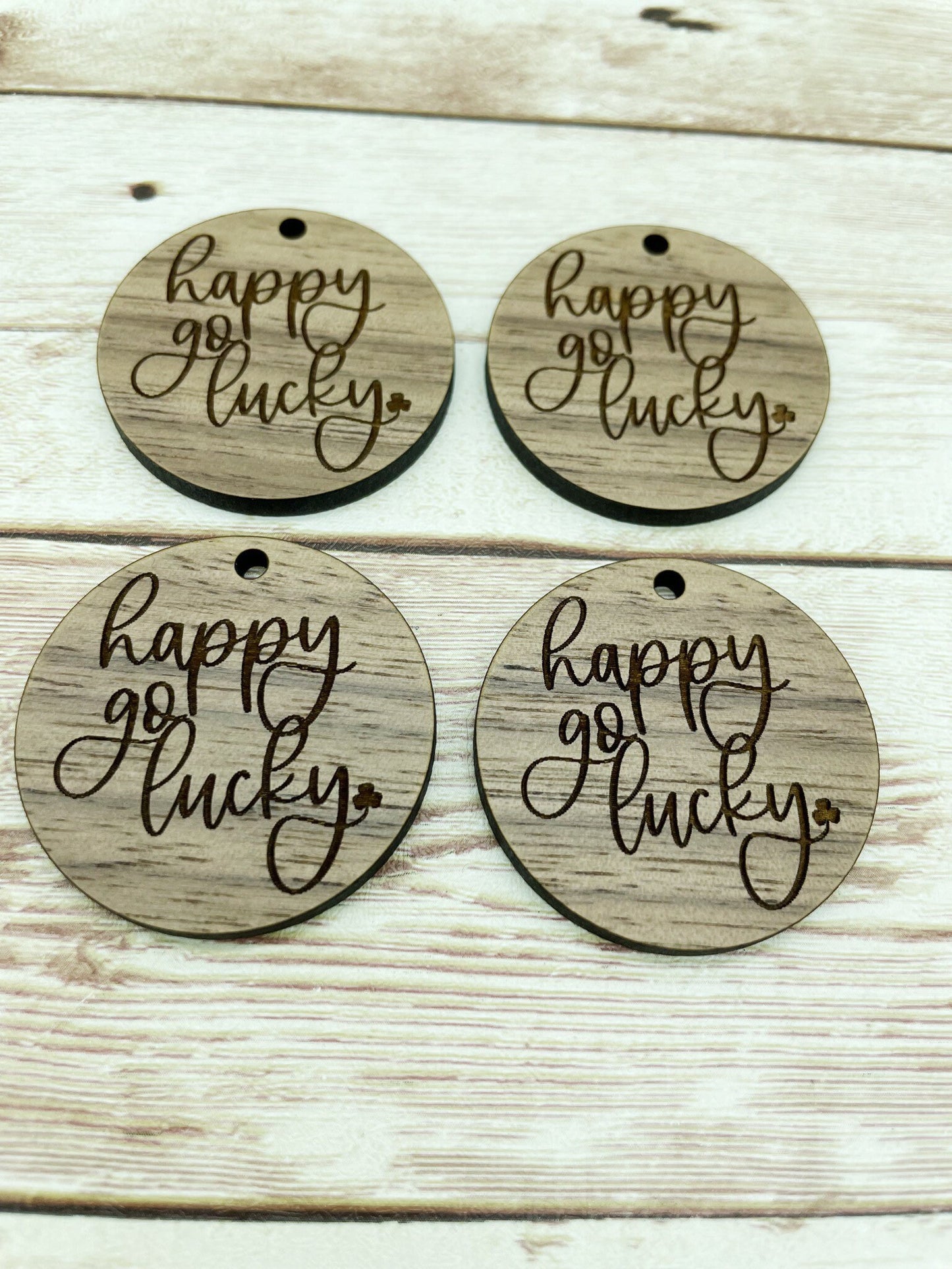 Wood Circle Engraved Happy Go Lucky Earring Blanks, Finished Walnut Blank, DIY Jewelry Making