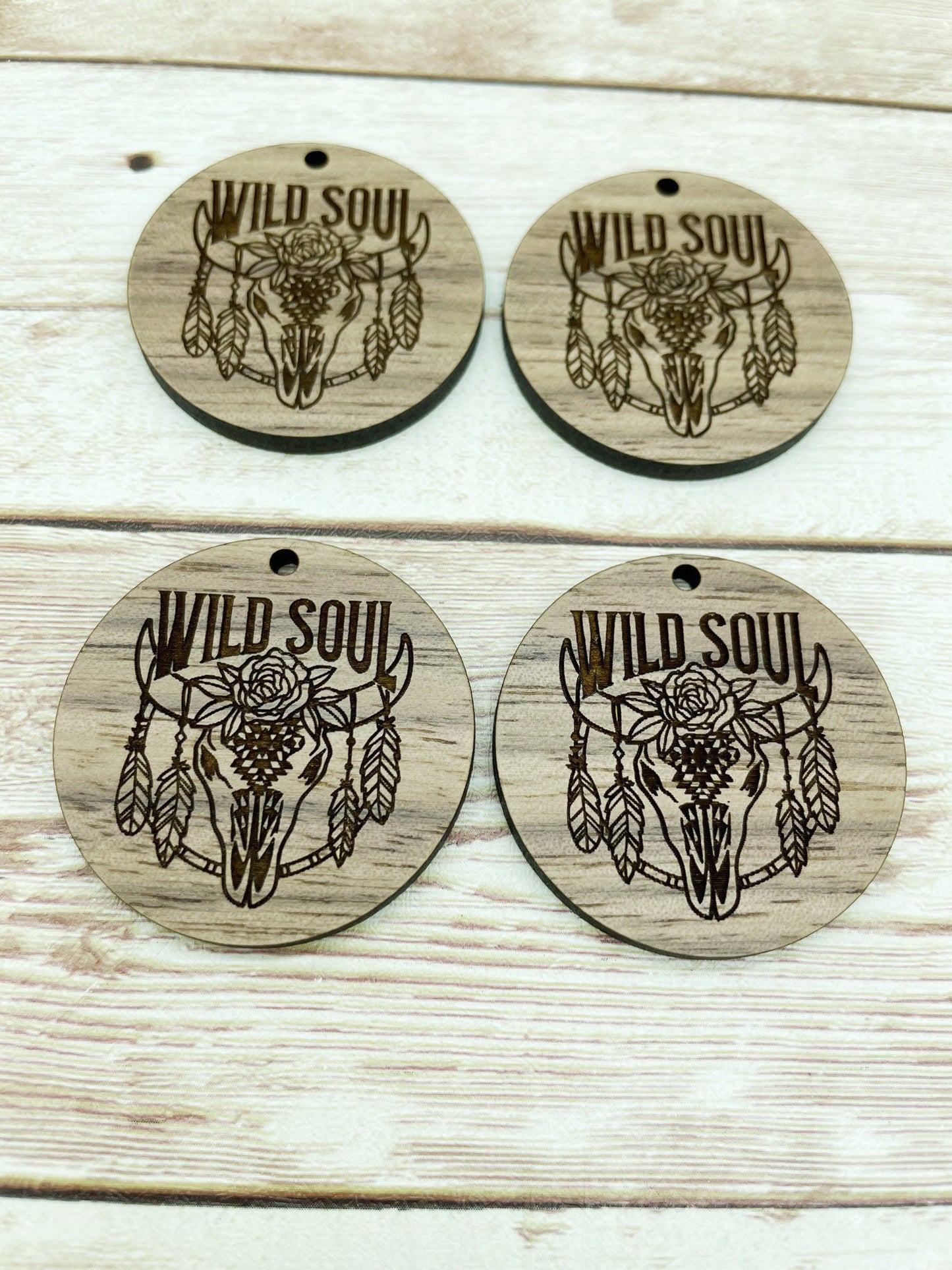 Wood Circle Engraved Wild Soul Floral Cow Skull Earring Blanks, Finished Walnut Blank, DIY Jewelry Making