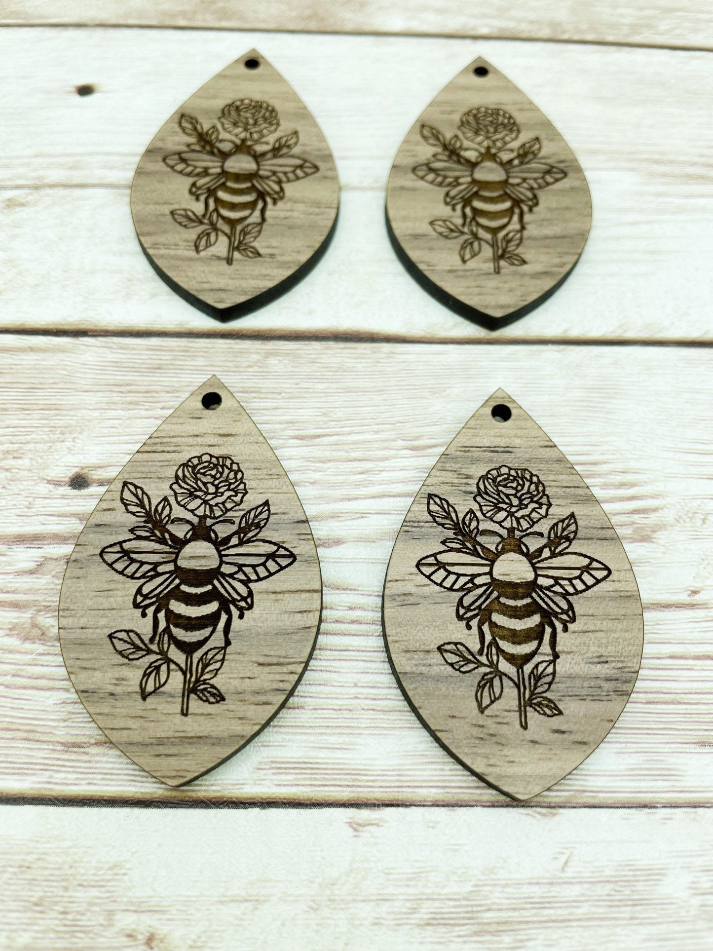 Wood Teardrop Engraved Floral Bee Earring Blanks, Finished Walnut Blank, DIY Jewelry Making