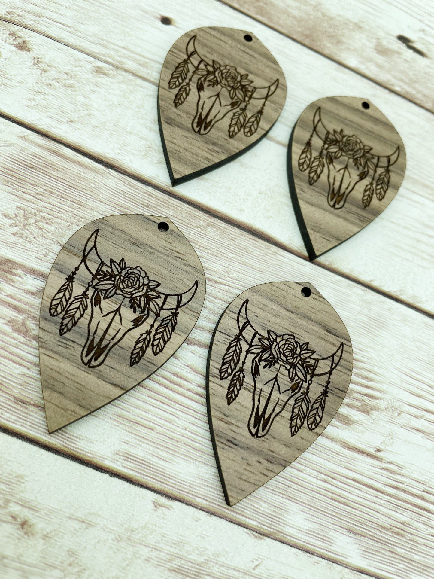 Wood Teardrop Engraved Floral Cow Skull Earring Blanks, Finished Walnut Blank, DIY Jewelry Making